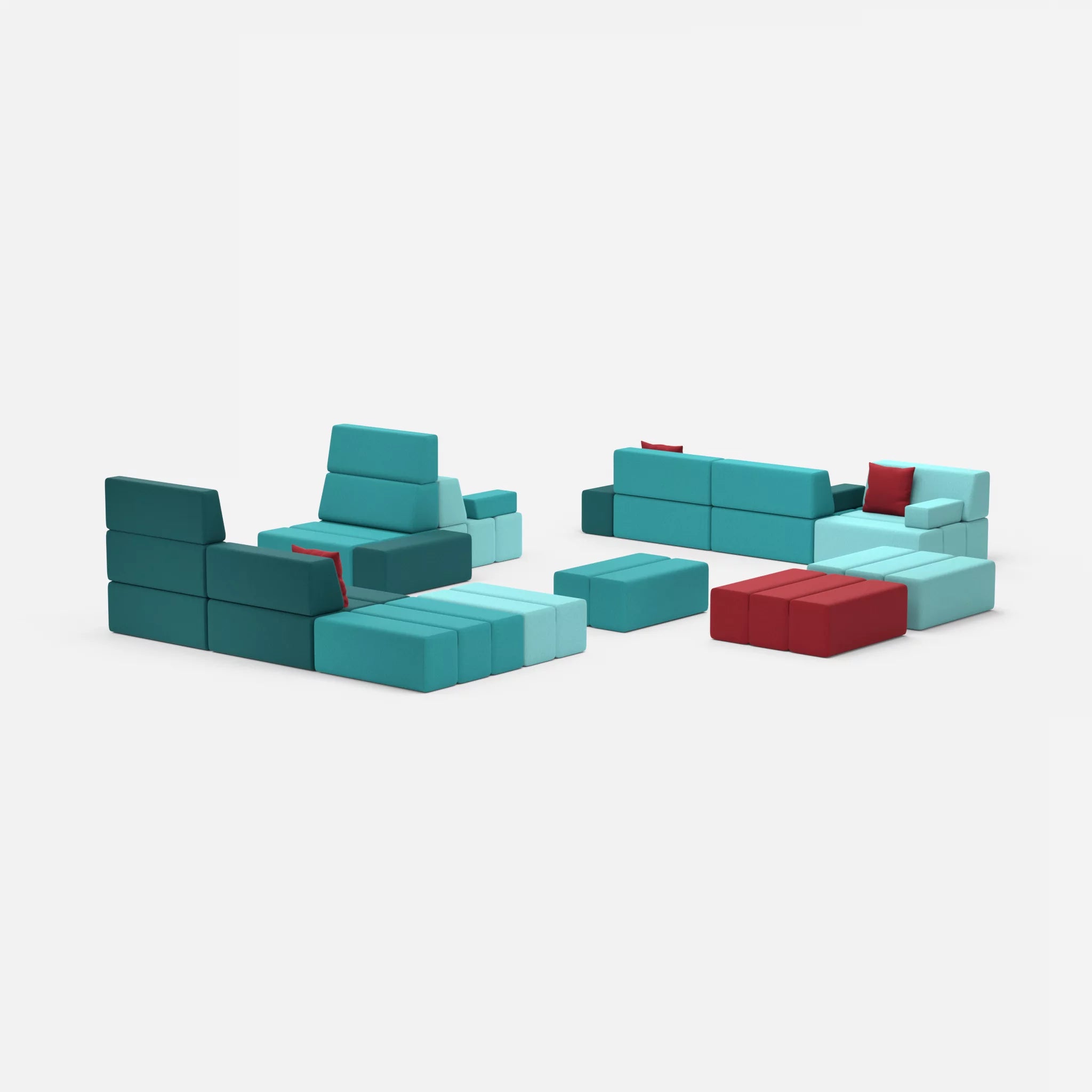 Sofalandschaft Bricks 4 dama0018-dama0053 in Türkis und Rot von hinten