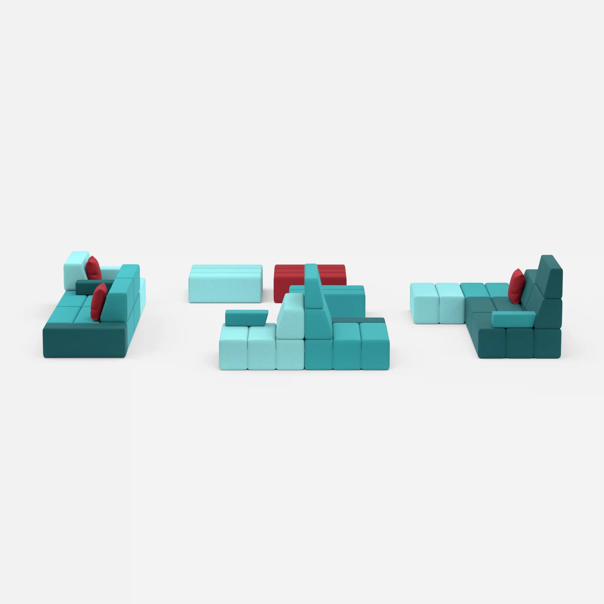 Sofalandschaft Bricks 4 dama0018-dama0053 in Türkis und Rot von vorne