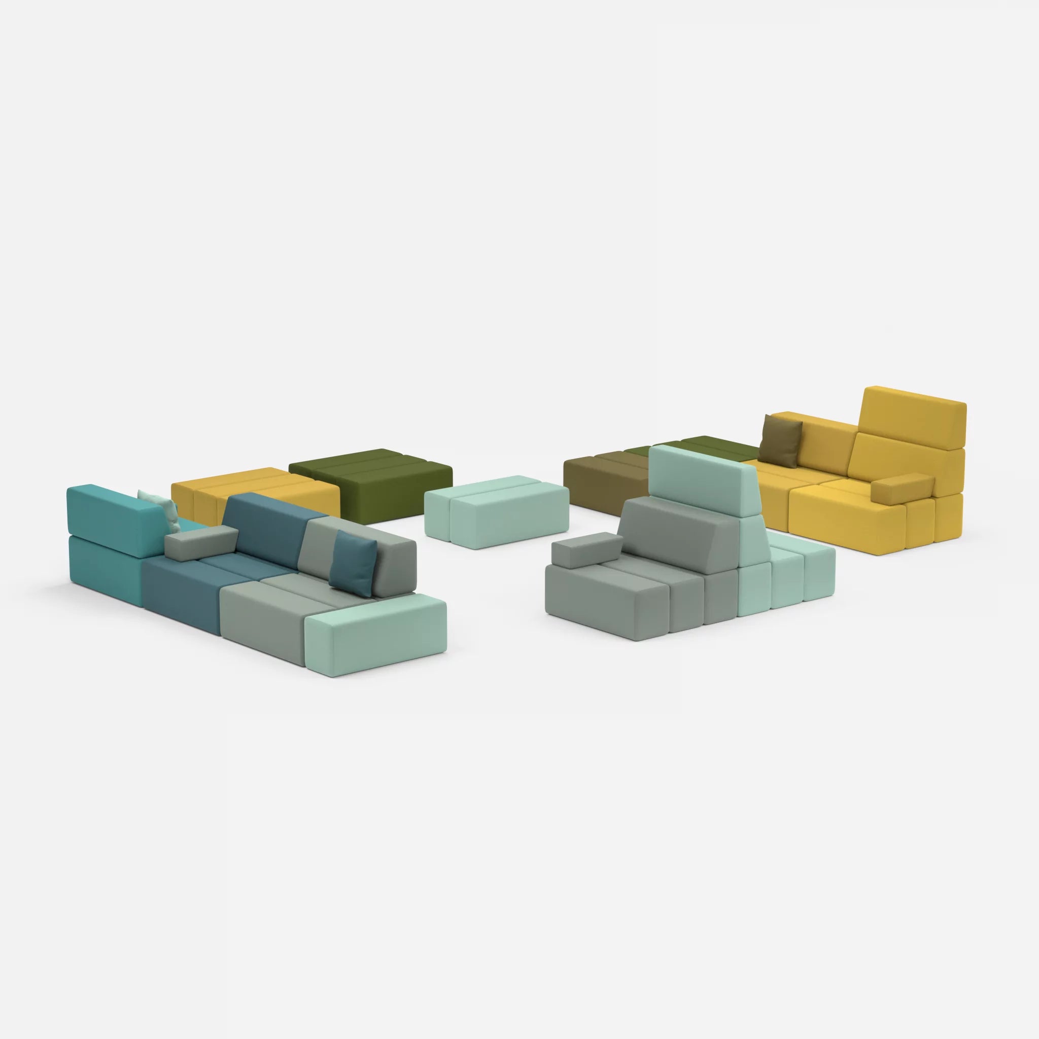 Sofalandschaft Bricks 4 novumlagoon-novummoss in Graublau und Grün von der Seite