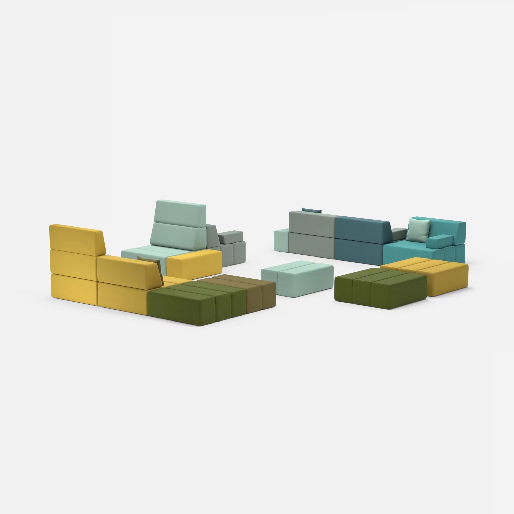 Sofalandschaft Bricks 4 novumlagoon-novummoss in Graublau und Grün von hinten