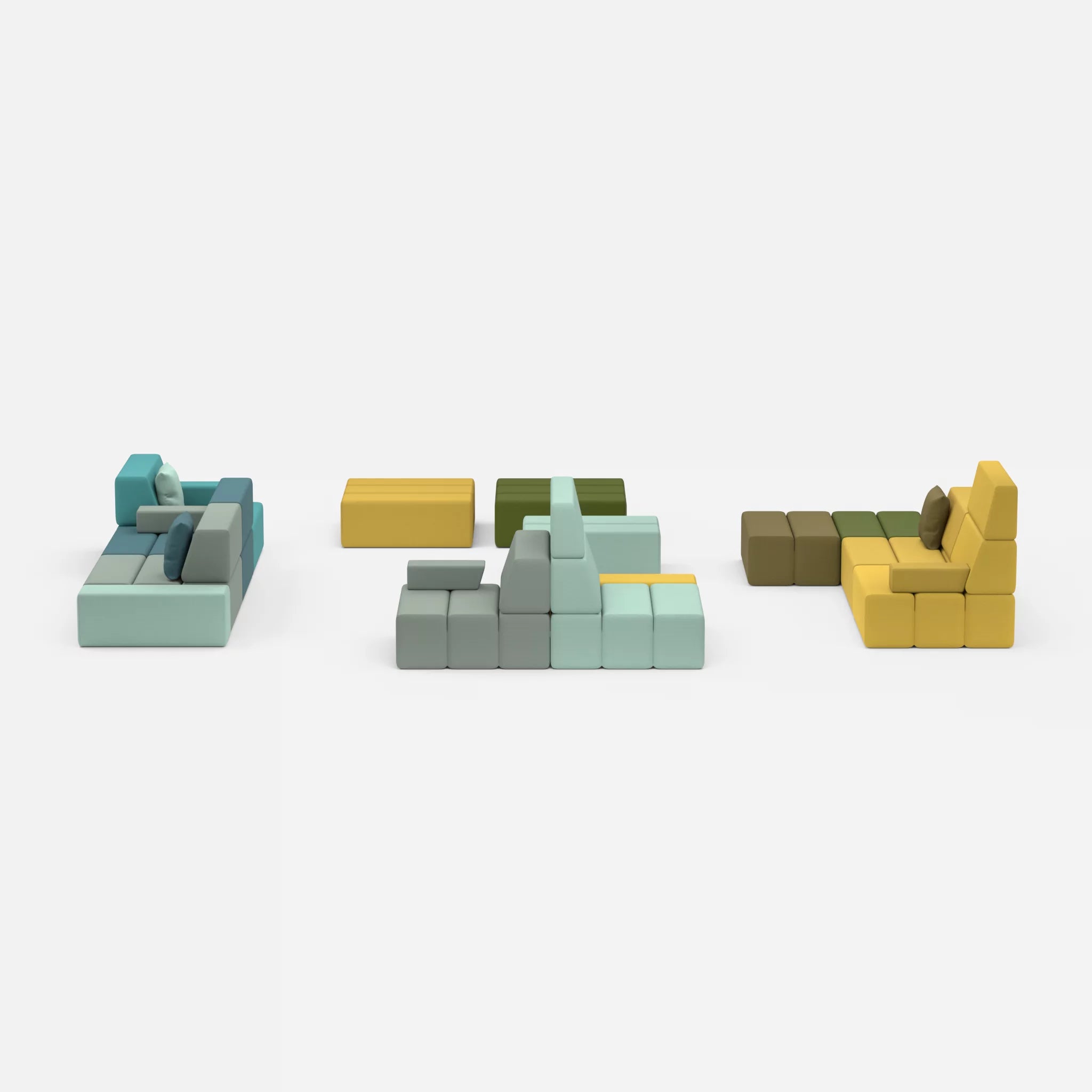 Sofalandschaft Bricks 4 novumlagoon-novummoss in Graublau und Grün von vorne