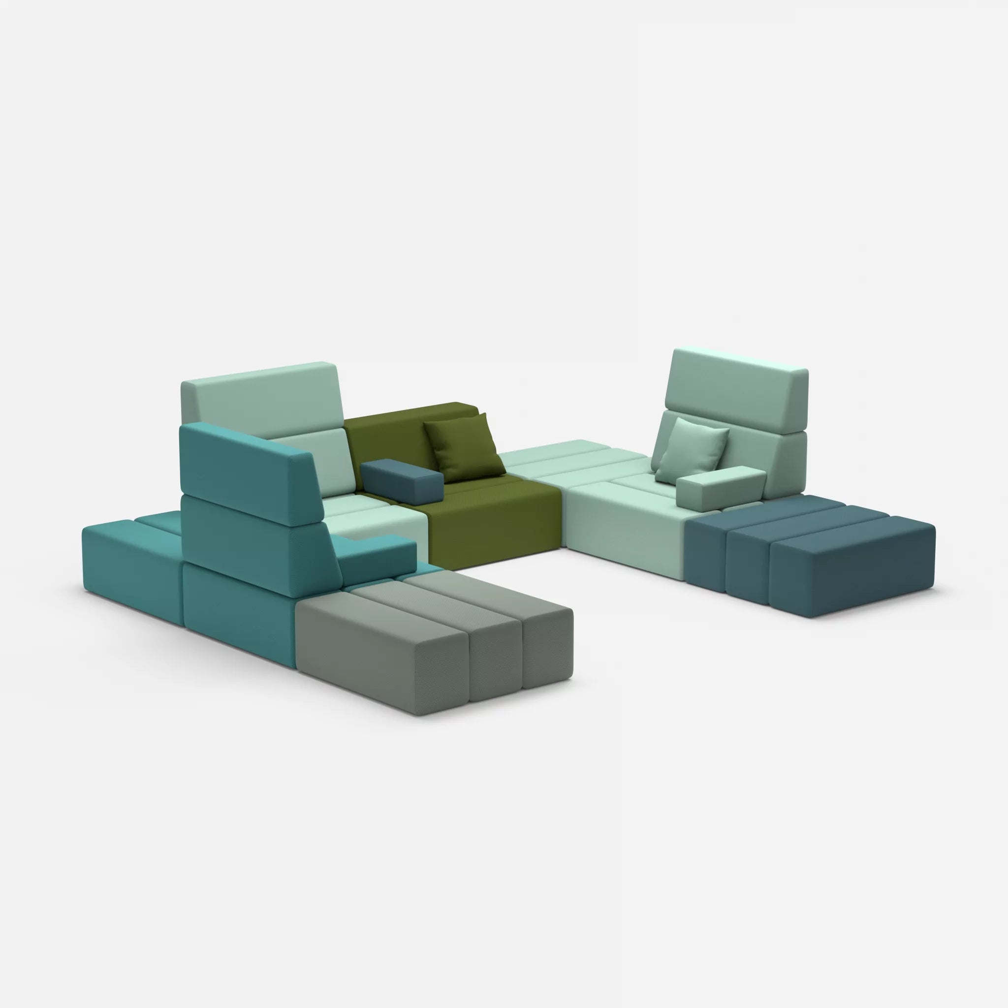 U Sofa Bricks 2 novumprisma-novumlagoon in Türkis und Graublau von der Seite