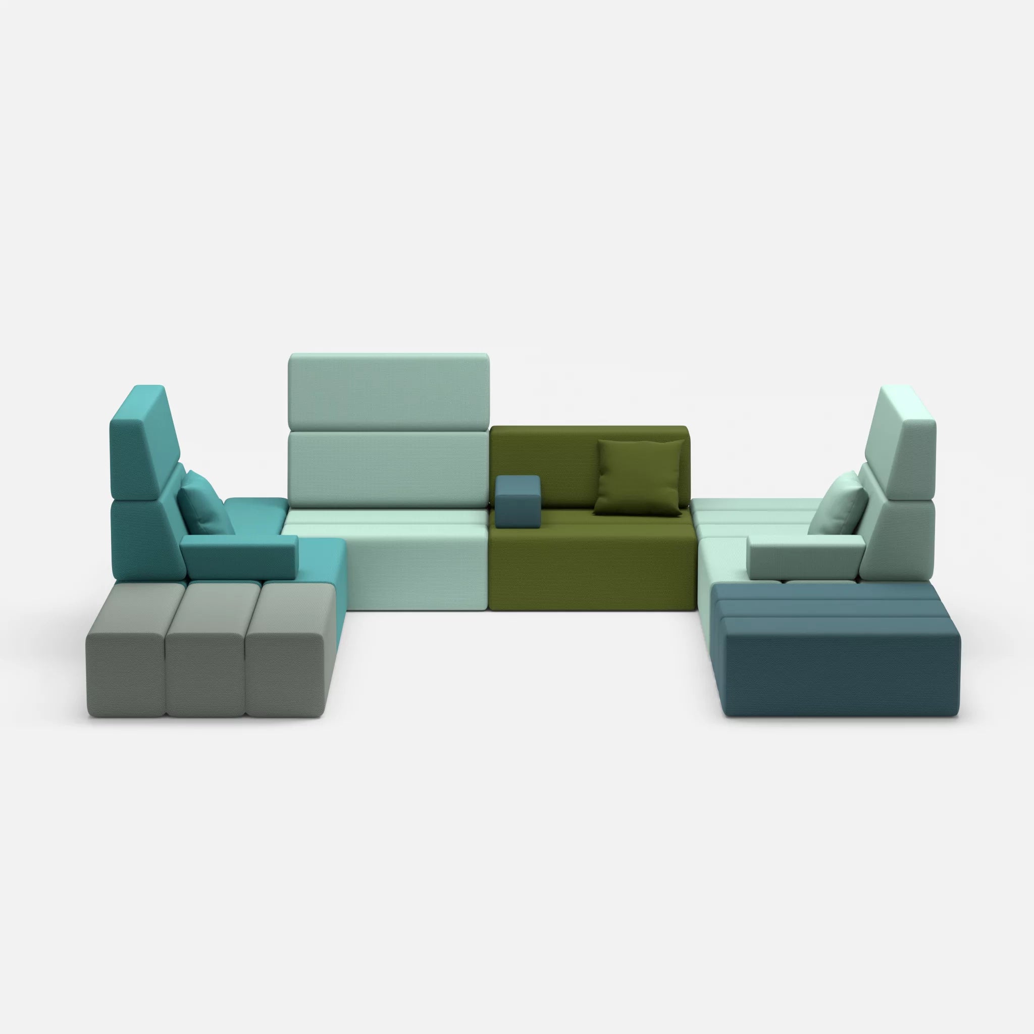 U Sofa Bricks 2 novumprisma-novumlagoon in Türkis und Graublau von vorne