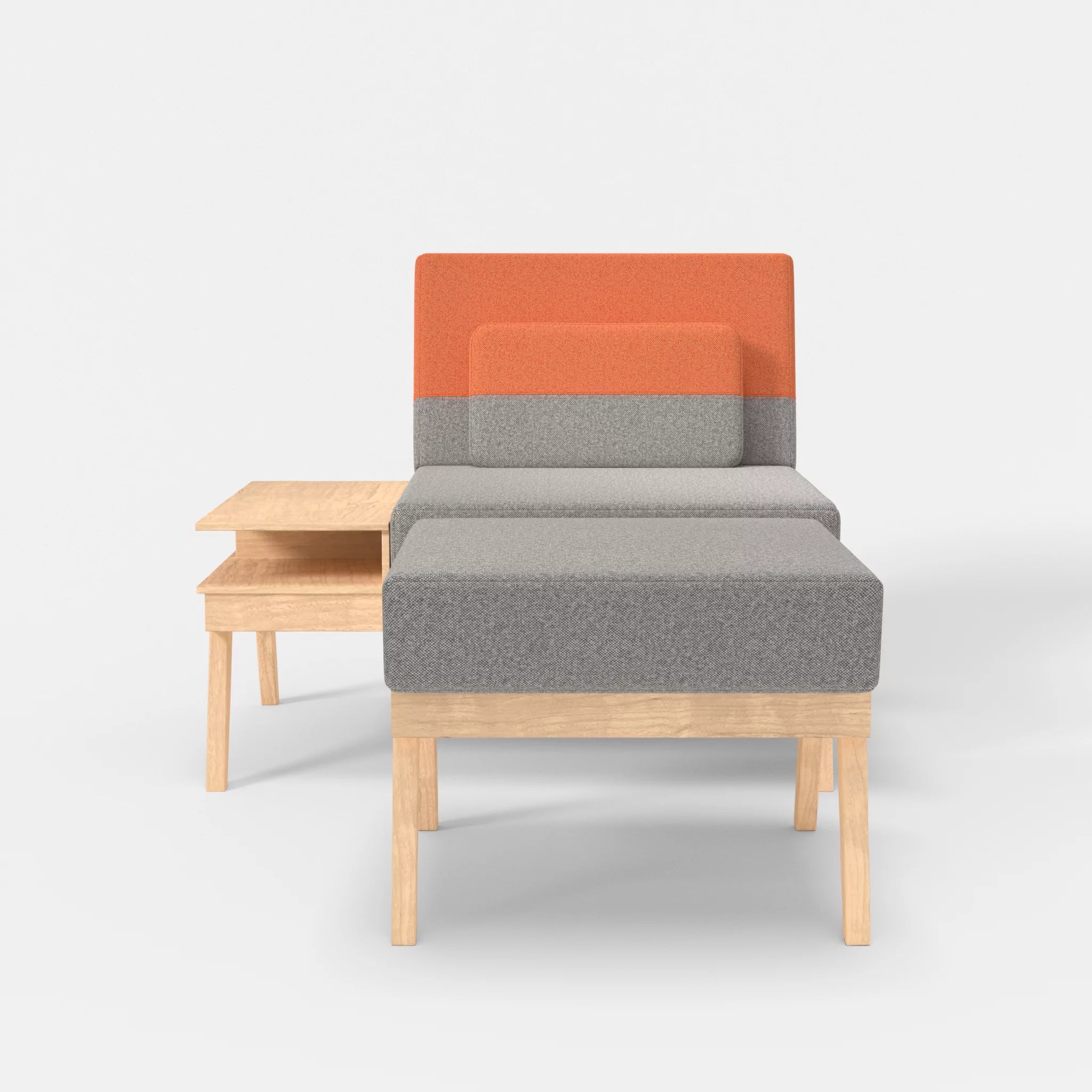 1er Sitzsofa Bauz mit Ablage links und Pouf celia0208-celia0215 in Mittelgrau und Orange von vorne