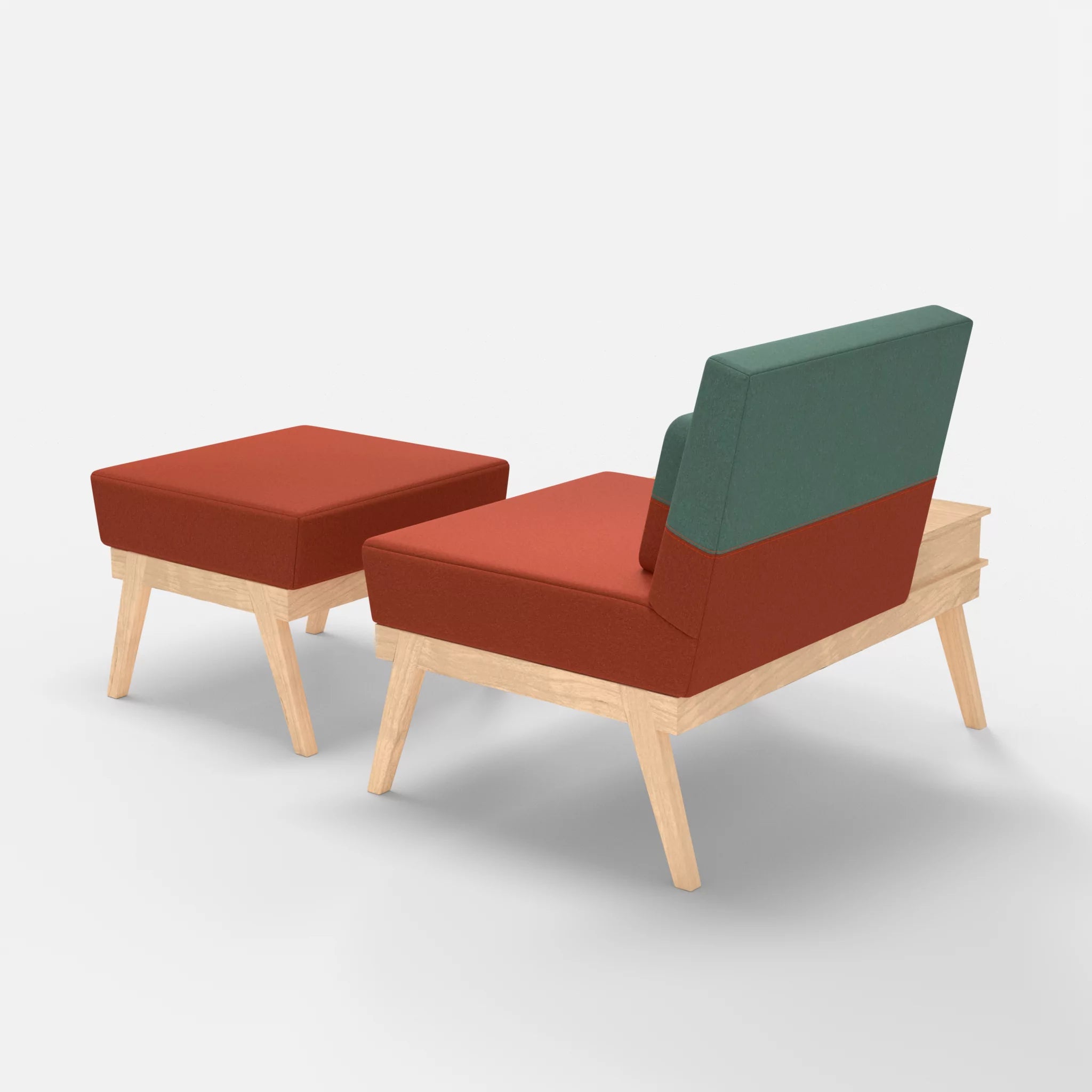 1er Sitzsofa Bauz mit Ablage links und Pouf dama0062-dama0045 in Orange und Türkis von hinten