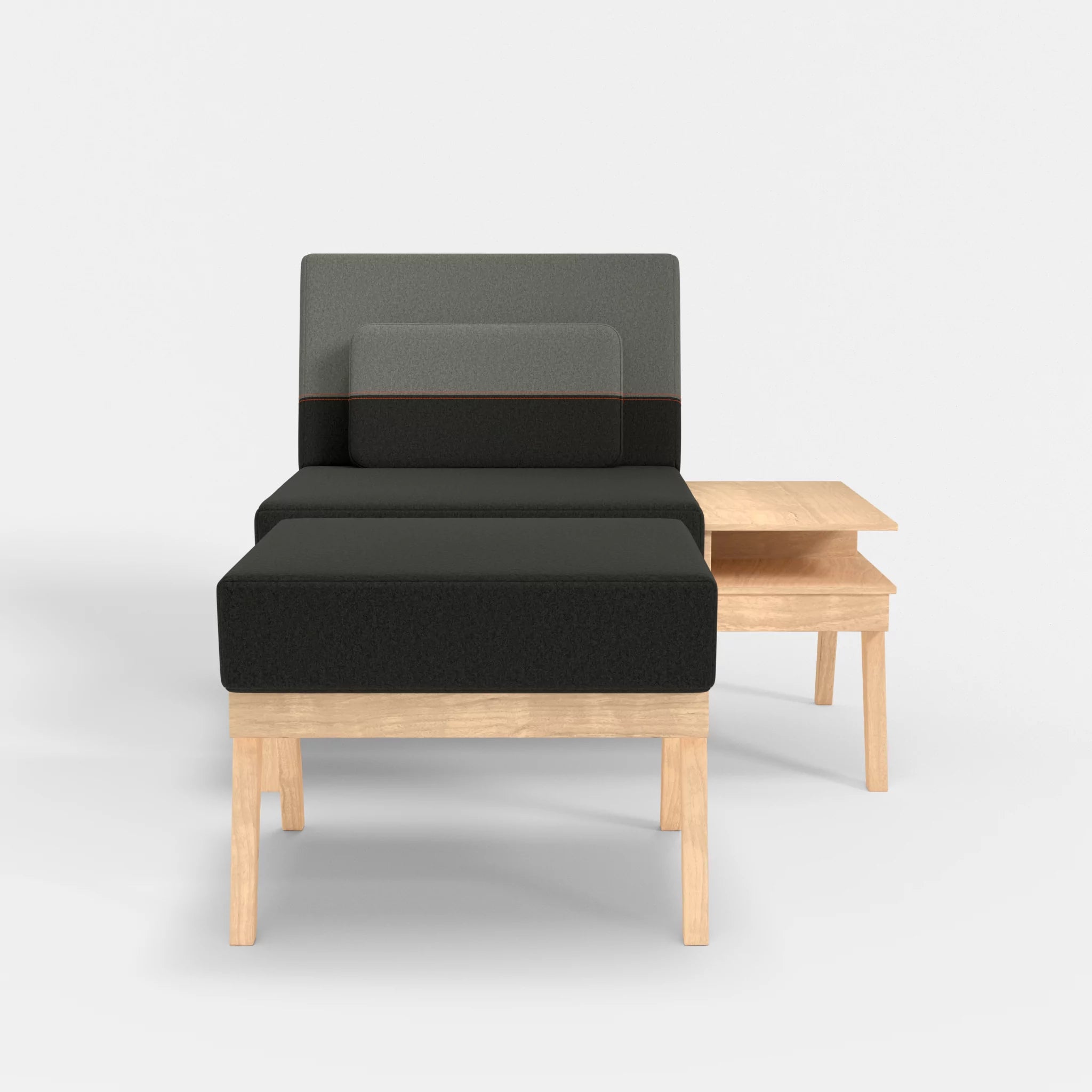1er Sitzsofa Bauz mit Ablage rechts und Pouf dama0002-dama0003 in Anthrazit und Mittelgrau von vorne