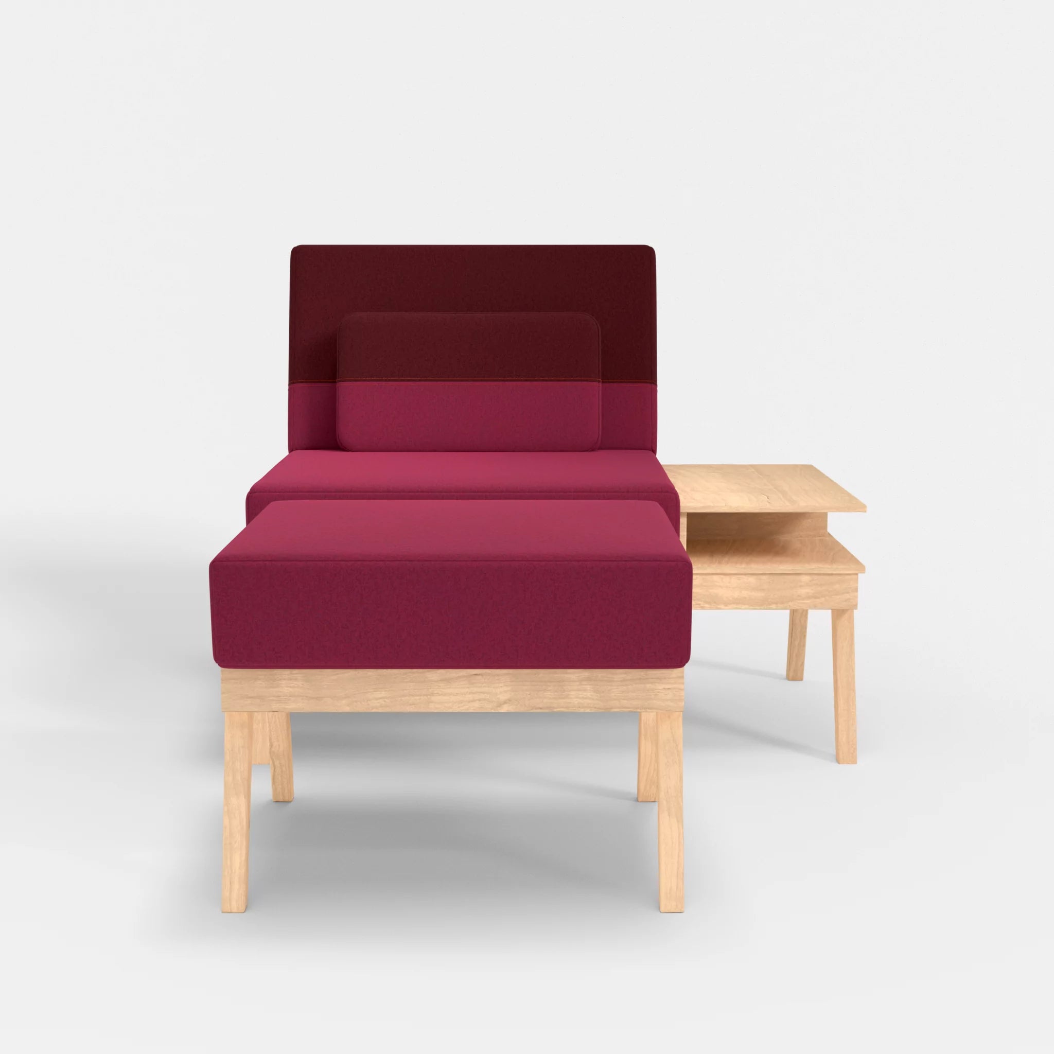 1er Sitzsofa Bauz mit Ablage rechts und Pouf dama0034-dama0050 in Bordeaux und Fuchsia von vorne