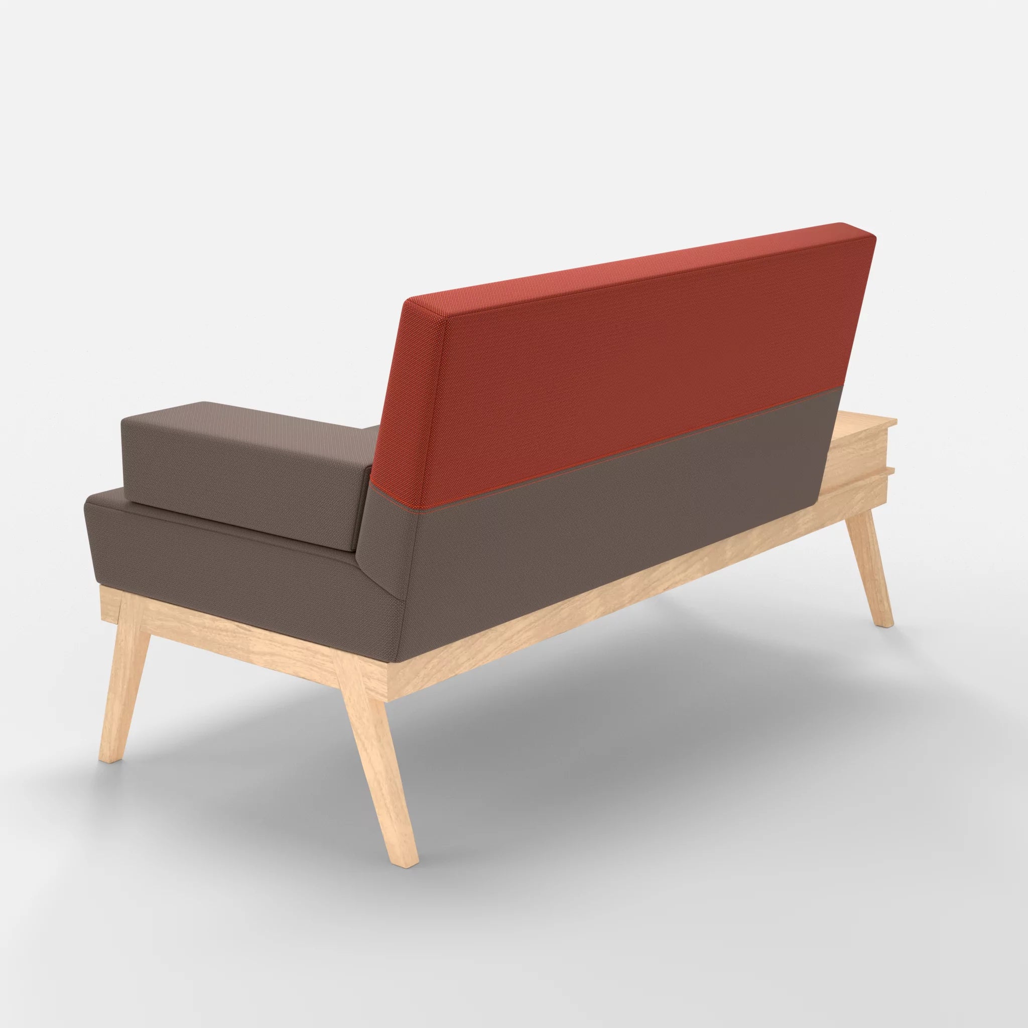 2er Sitzsofa Bauz mit Ablage links credowalnut-credolampion in Dunkelgrau und Rot von hinten