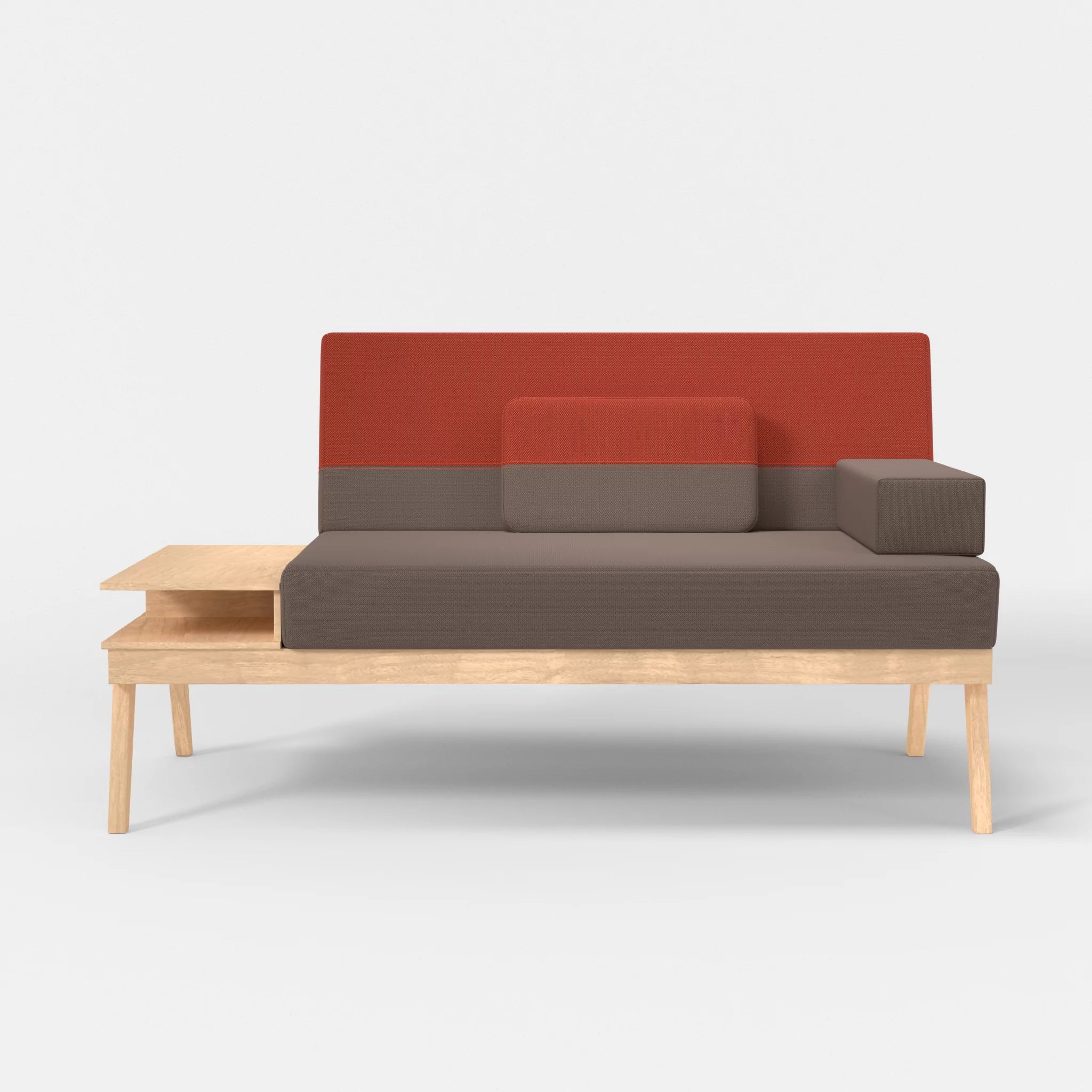 2er Sitzsofa Bauz mit Ablage links credowalnut-credolampion in Dunkelgrau und Rot von vorne