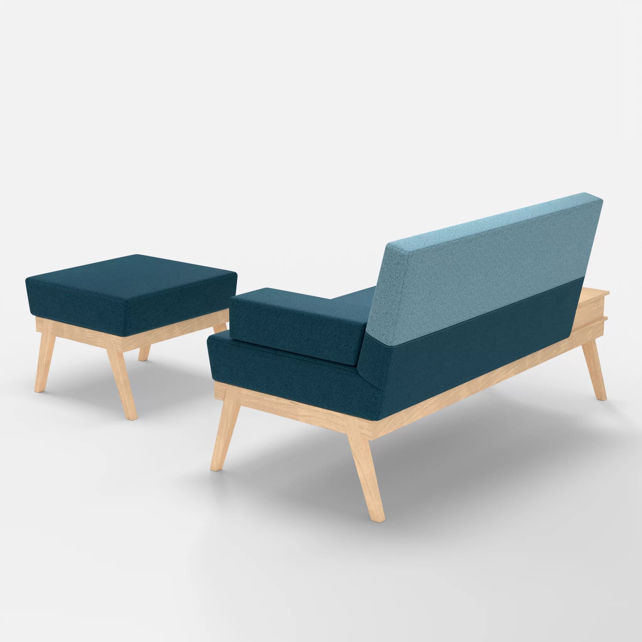 2er Sitzsofa Bauz mit Ablage links und Pouf celia0203-celia0209 in Blau und Türkis von hinten