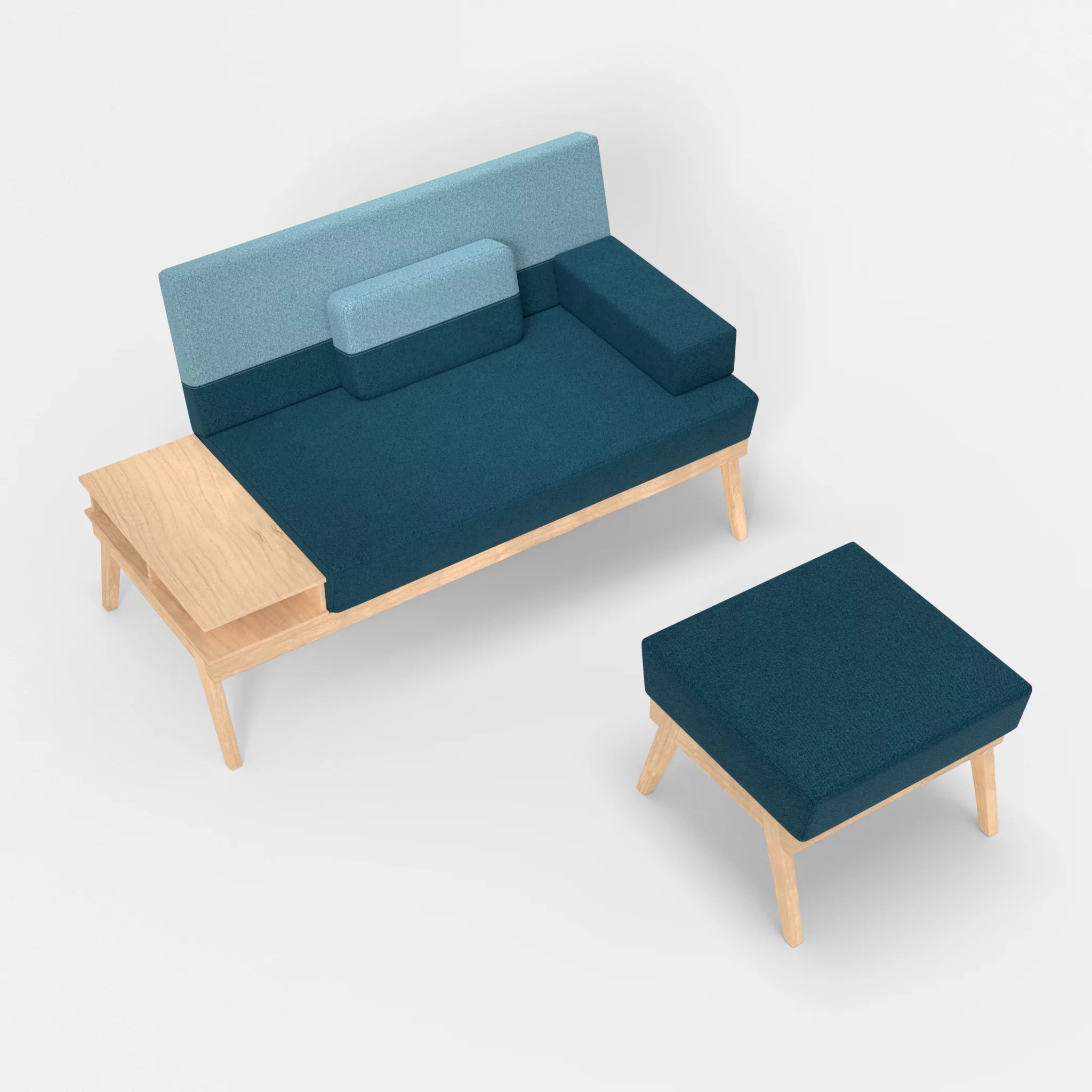 2er Sitzsofa Bauz mit Ablage links und Pouf celia0203-celia0209 in Blau und Türkis von oben