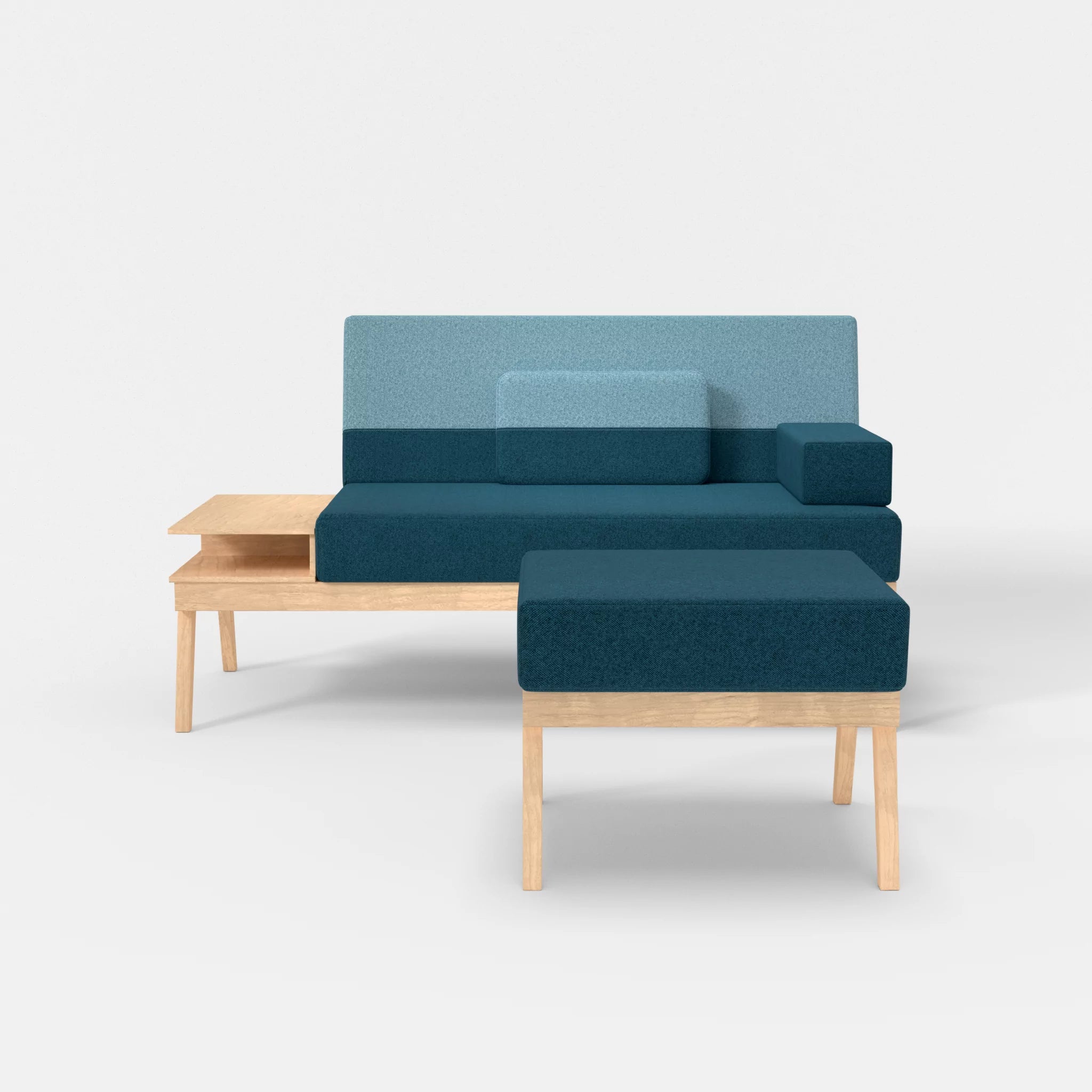 2er Sitzsofa Bauz mit Ablage links und Pouf celia0203-celia0209 in Blau und Türkis von vorne