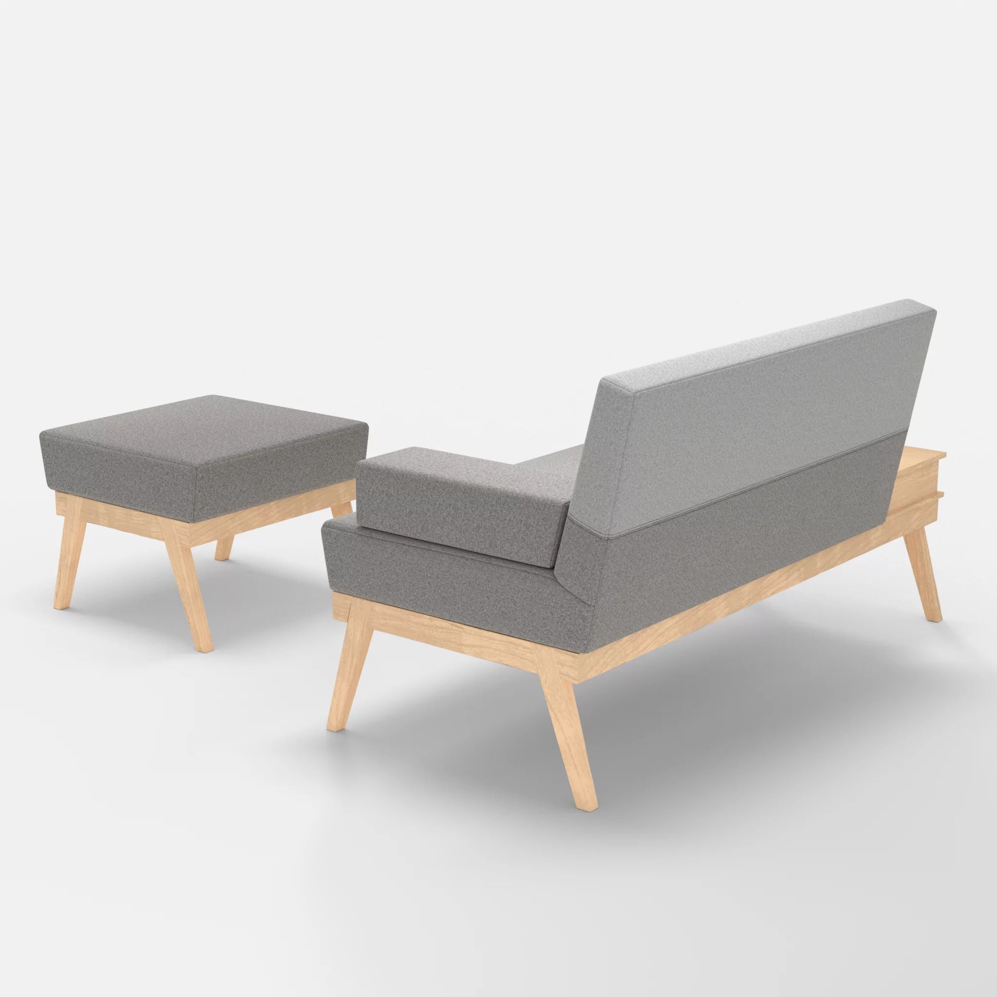 2er Sitzsofa Bauz mit Ablage links und Pouf celia0208-celia0204 in Mittelgrau und Hellgrau von hinten