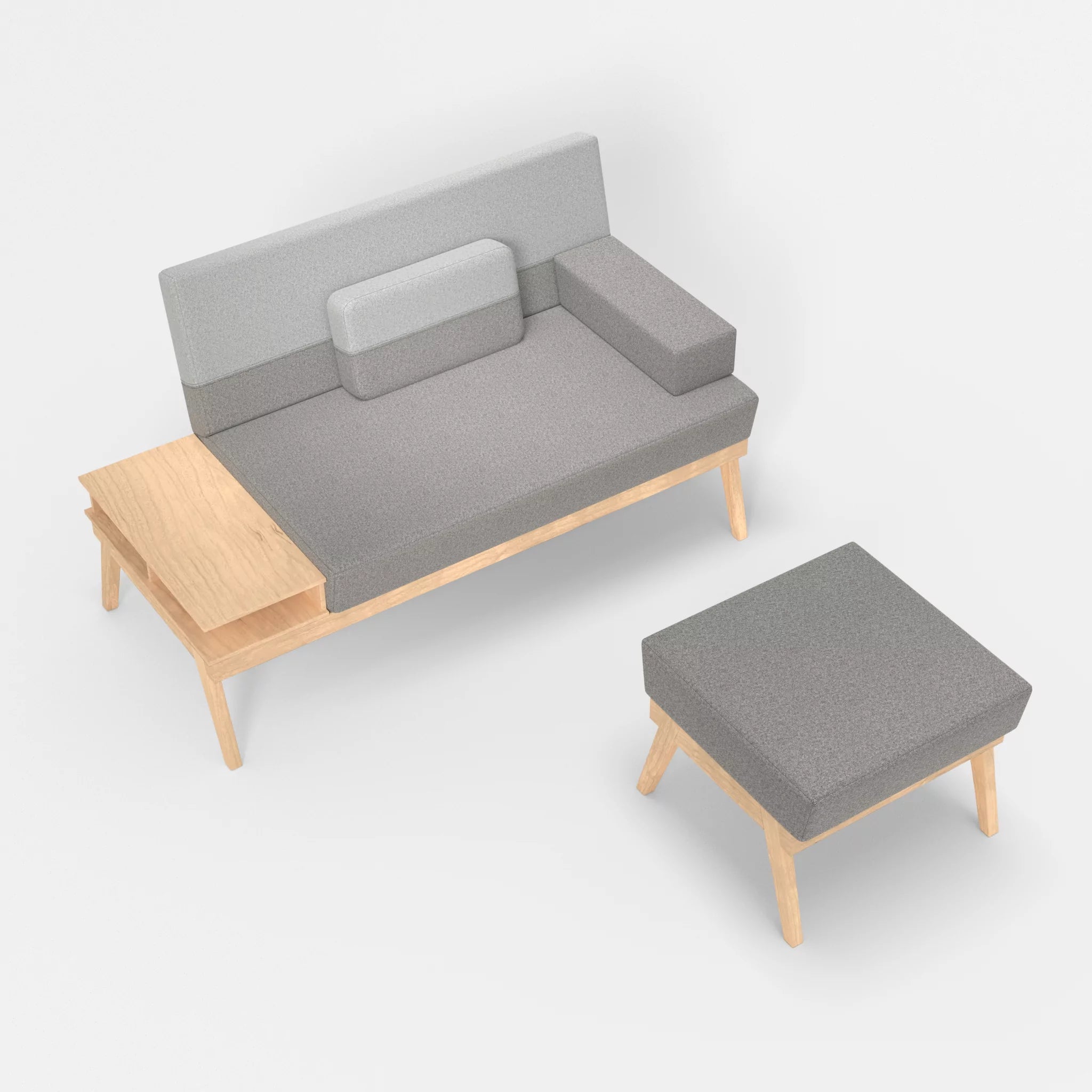 2er Sitzsofa Bauz mit Ablage links und Pouf celia0208-celia0204 in Mittelgrau und Hellgrau von oben