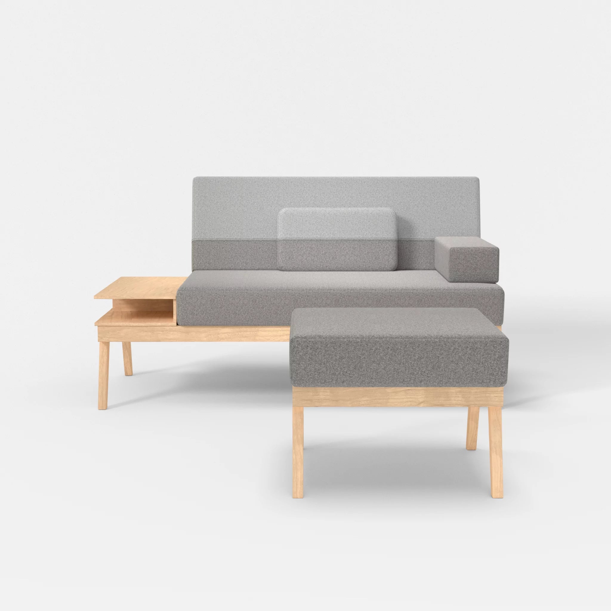2er Sitzsofa Bauz mit Ablage links und Pouf celia0208-celia0204 in Mittelgrau und Hellgrau von vorne