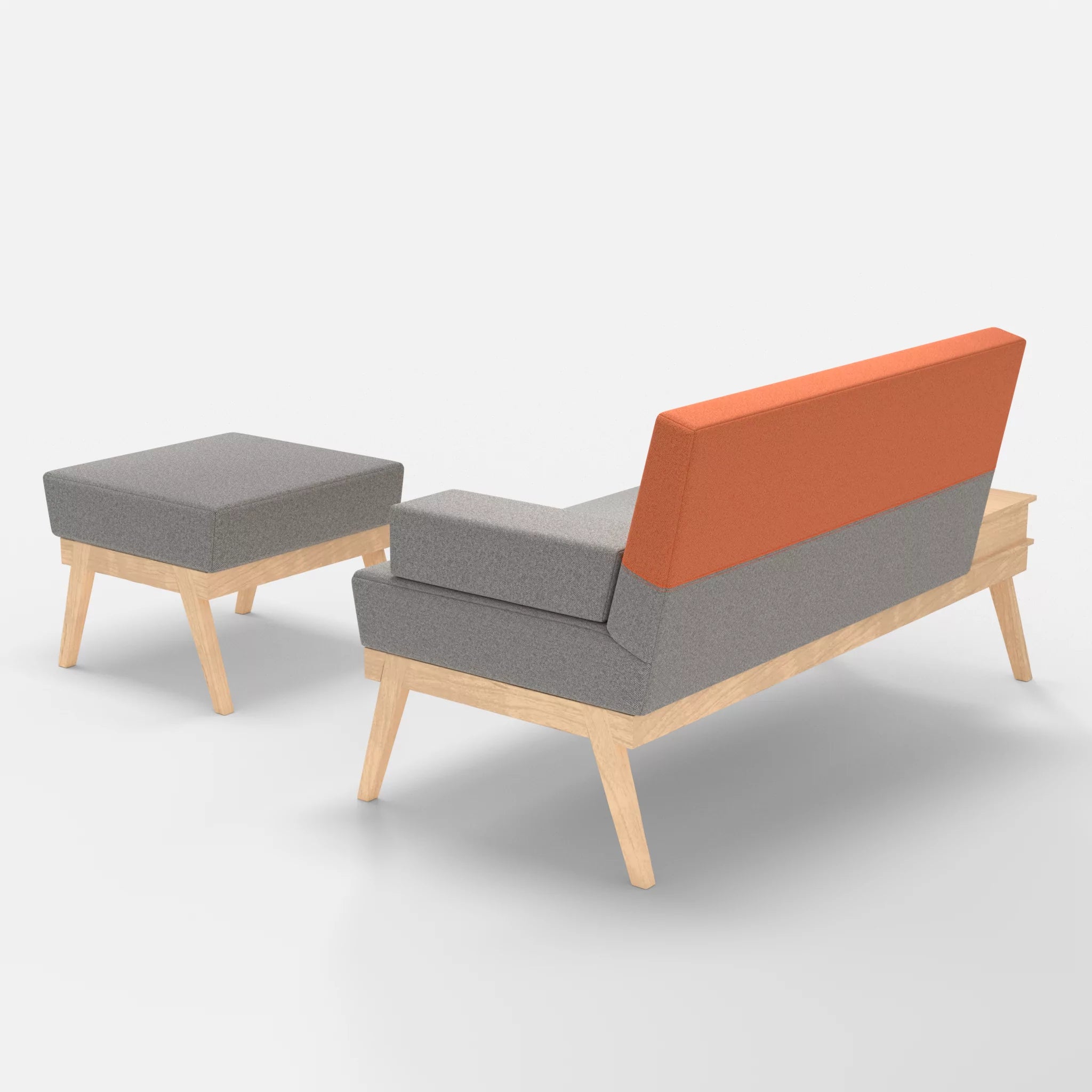 2er Sitzsofa Bauz mit Ablage links und Pouf celia0208-celia0215 in Mittelgrau und Orange von hinten