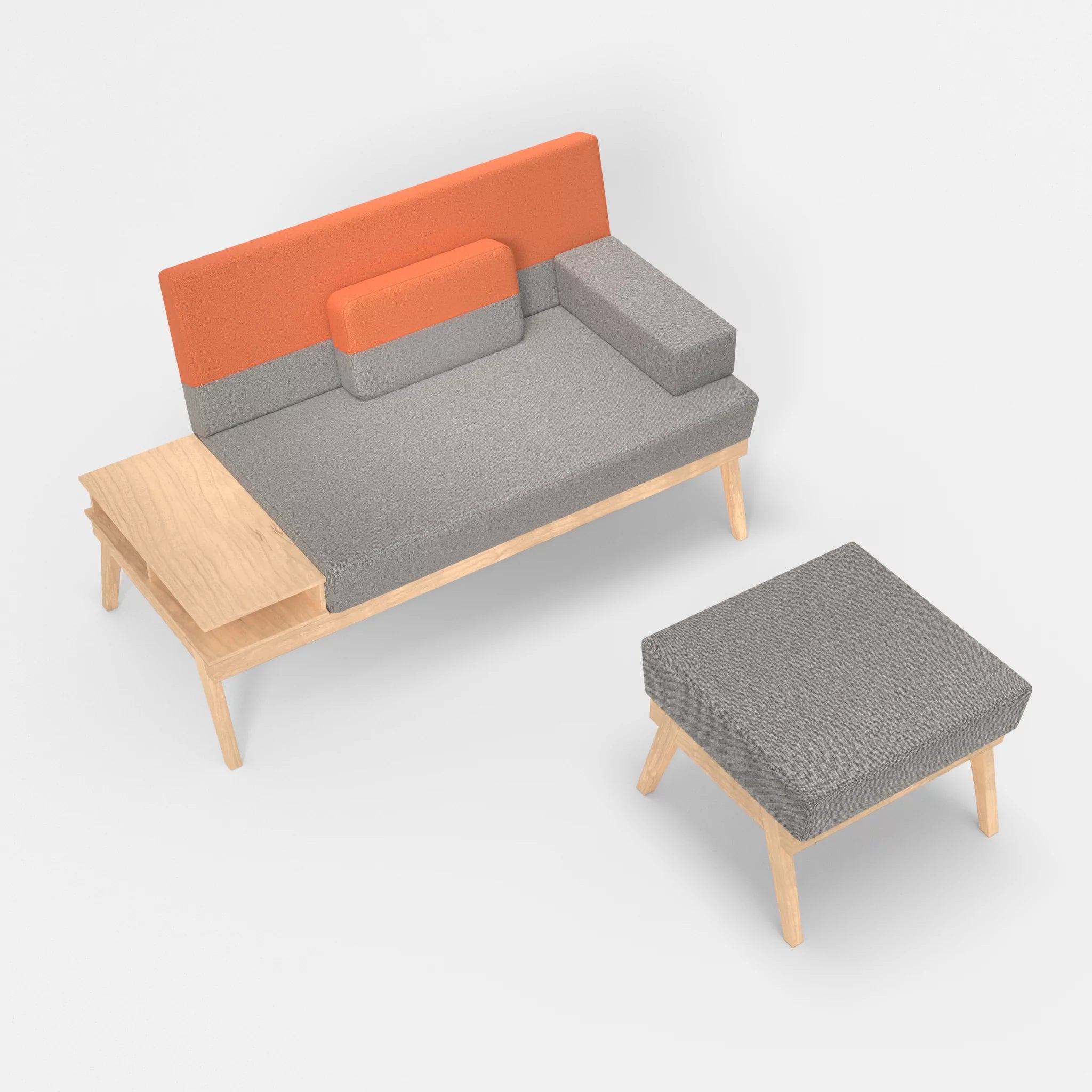 2er Sitzsofa Bauz mit Ablage links und Pouf celia0208-celia0215 in Mittelgrau und Orange von oben