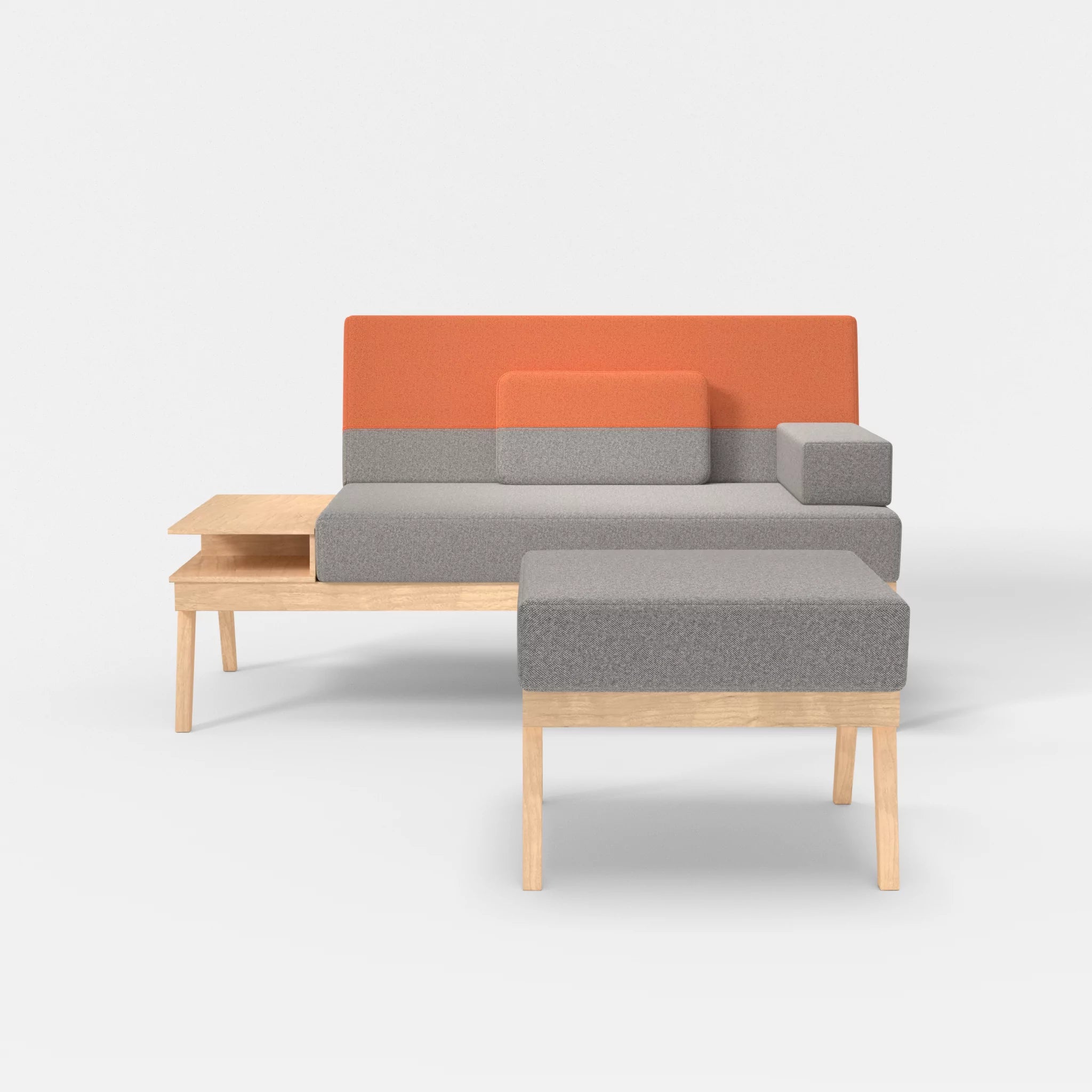 2er Sitzsofa Bauz mit Ablage links und Pouf celia0208-celia0215 in Mittelgrau und Orange von vorne