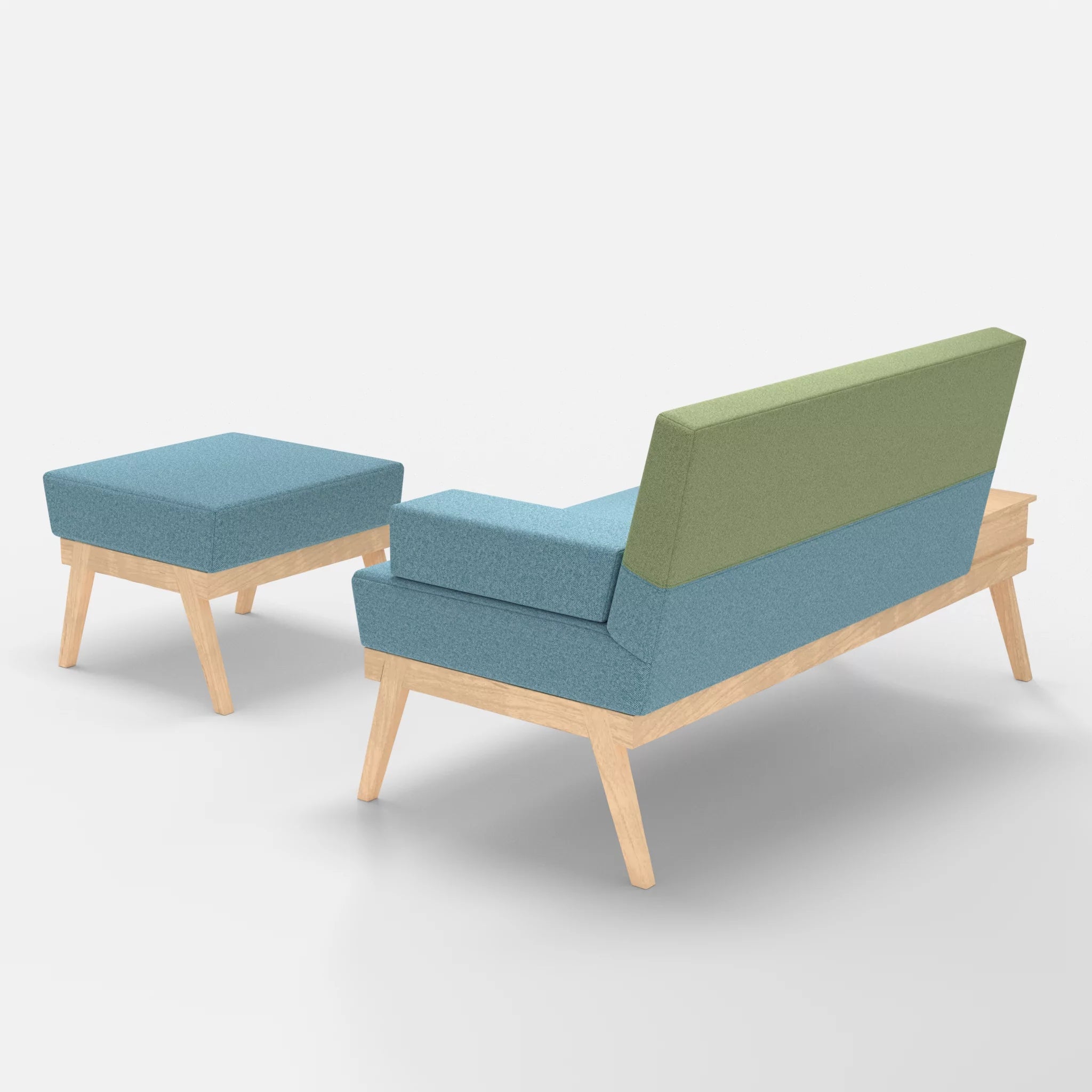 2er Sitzsofa Bauz mit Ablage links und Pouf celia0209-celia0213 in Türkis und Hellgrün von hinten