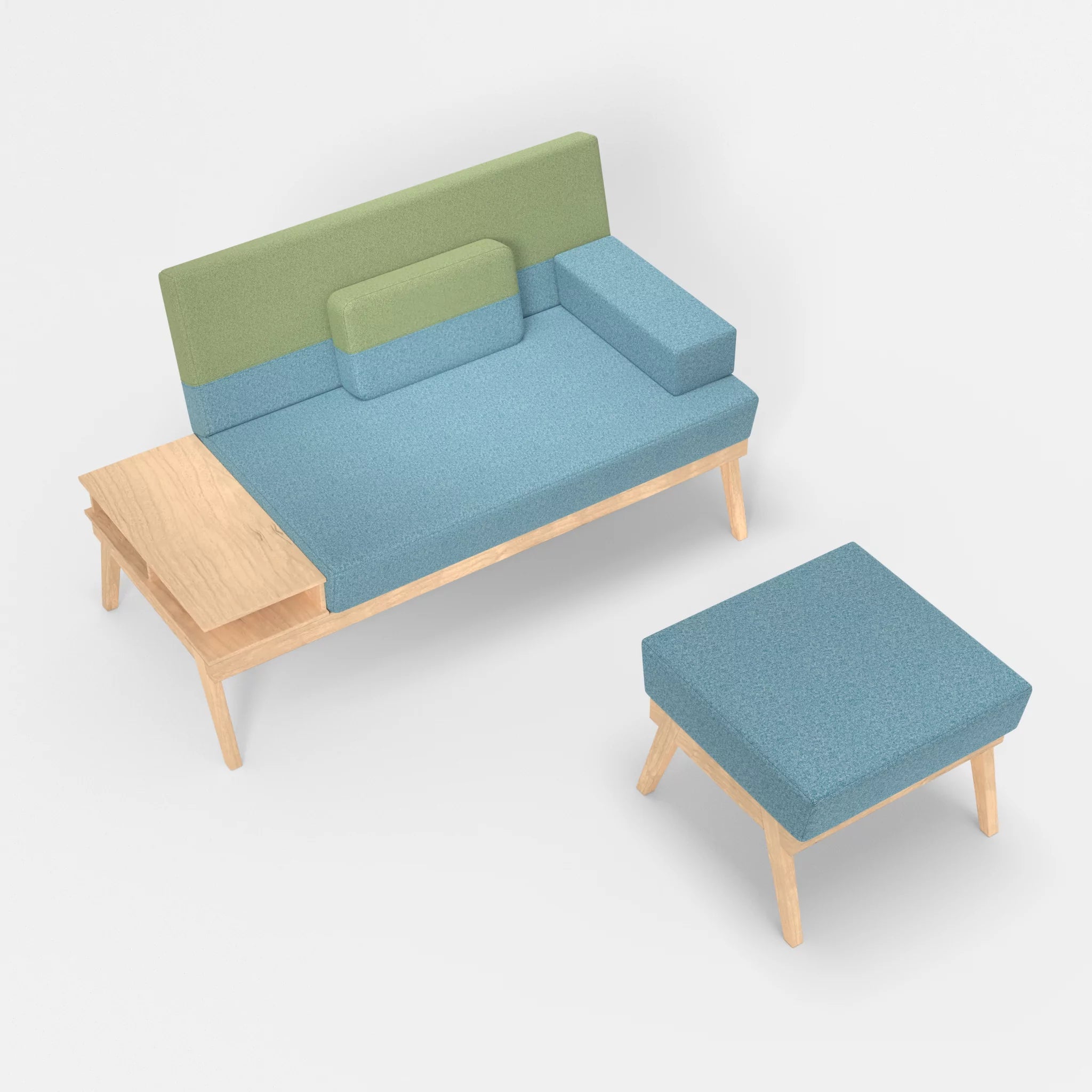 2er Sitzsofa Bauz mit Ablage links und Pouf celia0209-celia0213 in Türkis und Hellgrün von oben