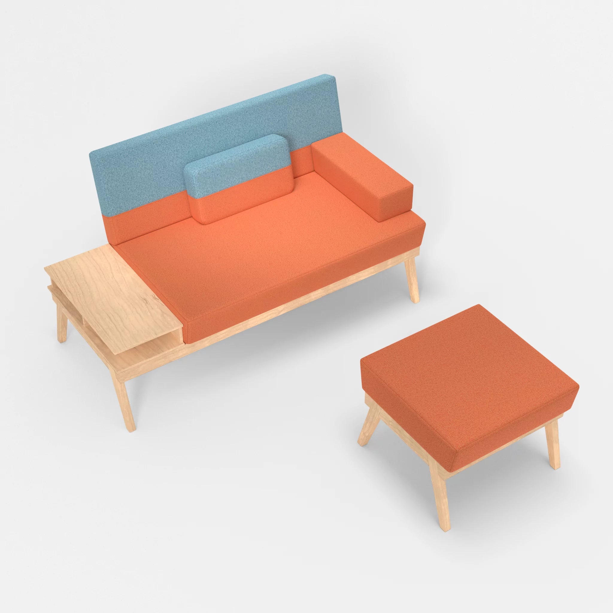 2er Sitzsofa Bauz mit Ablage links und Pouf celia0215-celia0209 in Orange und Türkis von oben