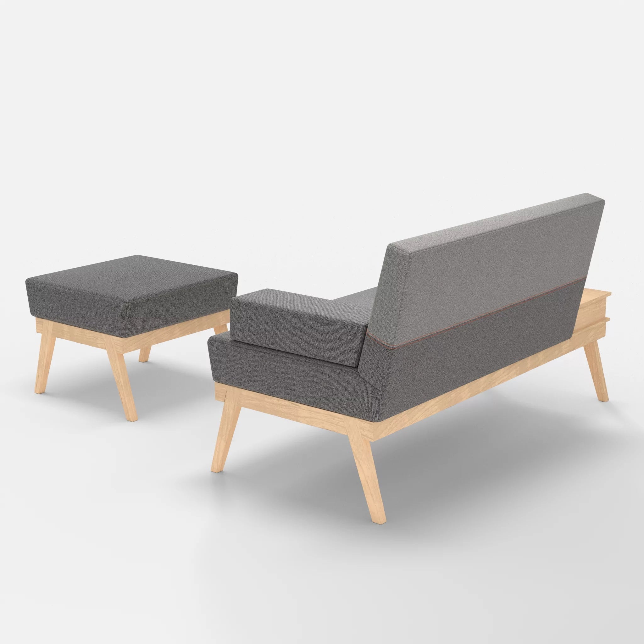 2er Sitzsofa Bauz mit Ablage links und Pouf celia0218-celia0208 in Dunkelgrau und Mittelgrau von hinten