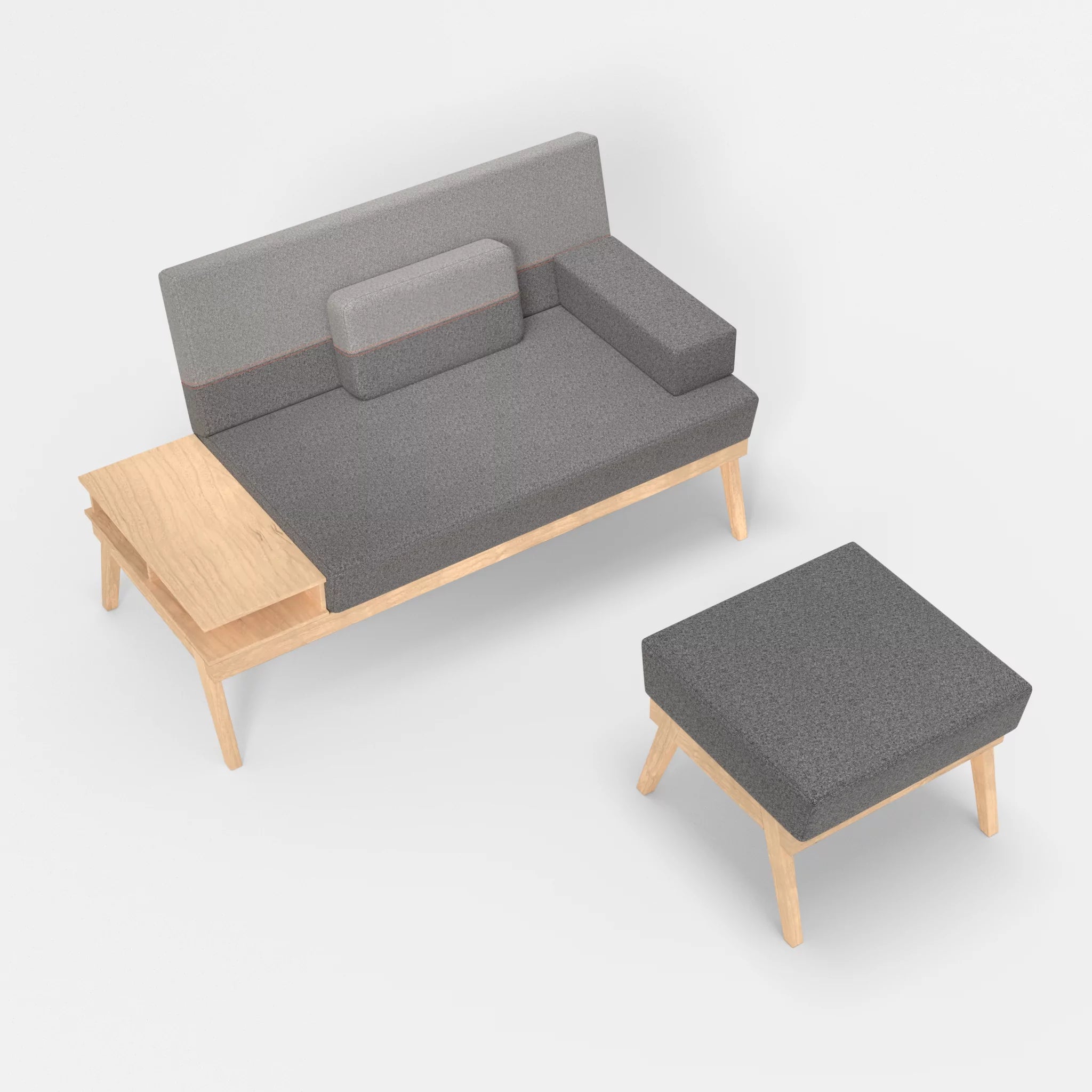 2er Sitzsofa Bauz mit Ablage links und Pouf celia0218-celia0208 in Dunkelgrau und Mittelgrau von oben