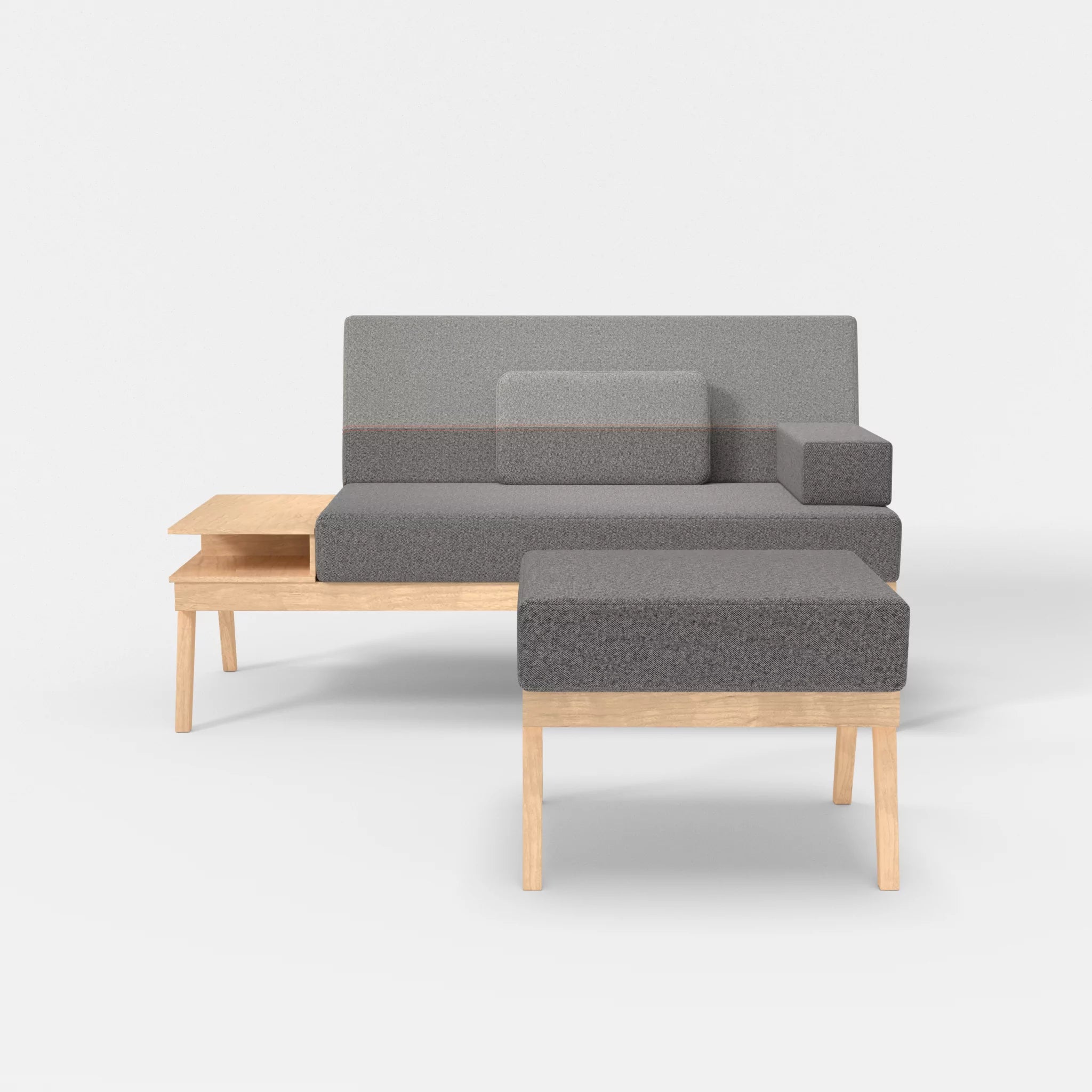 2er Sitzsofa Bauz mit Ablage links und Pouf celia0218-celia0208 in Dunkelgrau und Mittelgrau von vorne