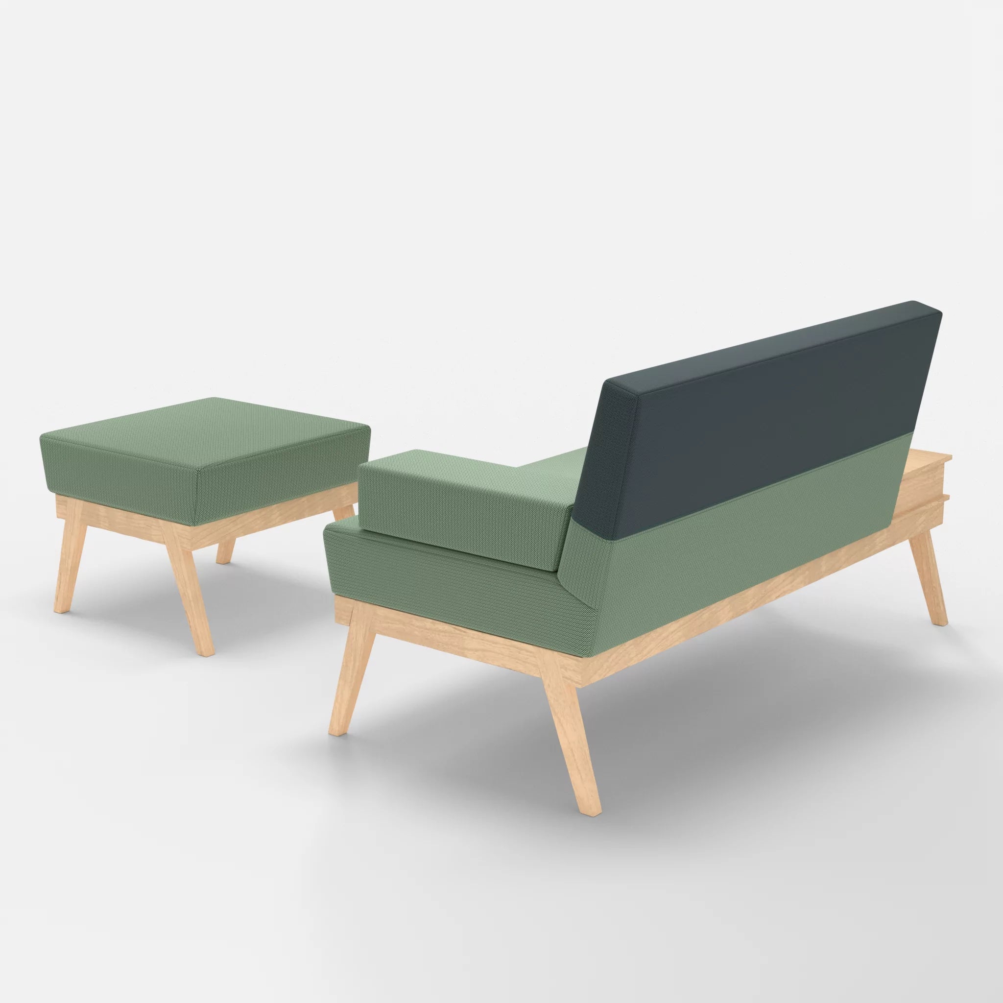 2er Sitzsofa Bauz mit Ablage links und Pouf credoaloe-credojaspis in Hellgrün und Türkis von hinten