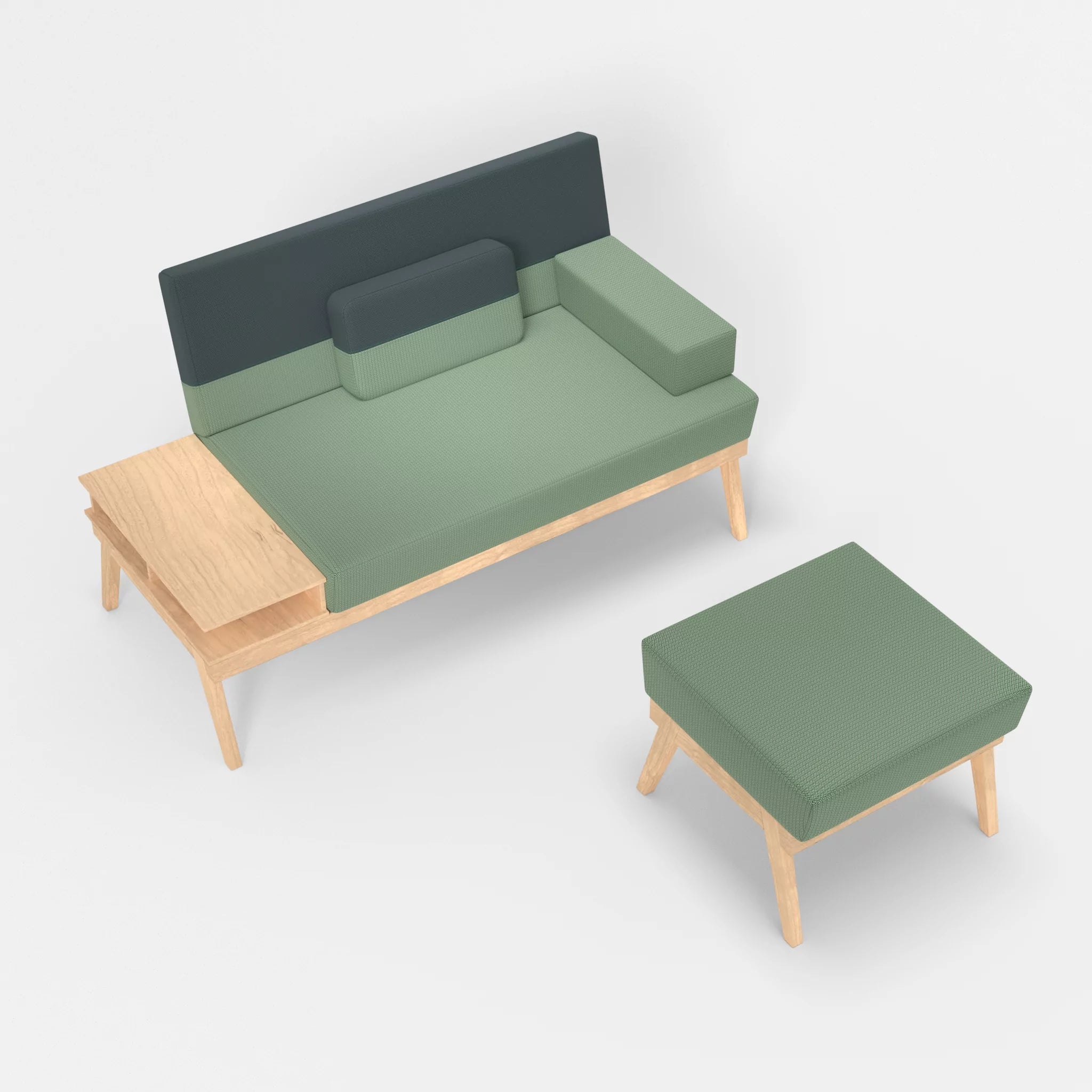 2er Sitzsofa Bauz mit Ablage links und Pouf credoaloe-credojaspis in Hellgrün und Türkis von oben