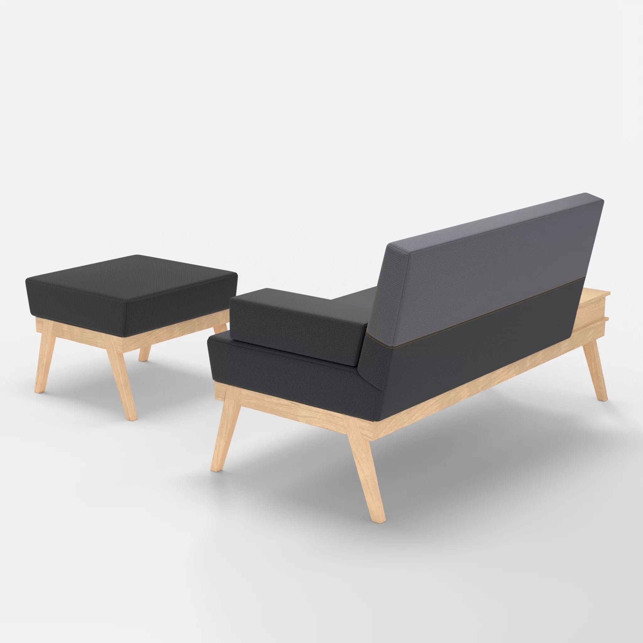 2er Sitzsofa Bauz mit Ablage links und Pouf credoasphalt-credocarbon in Anthrazit und Dunkelgrau von hinten