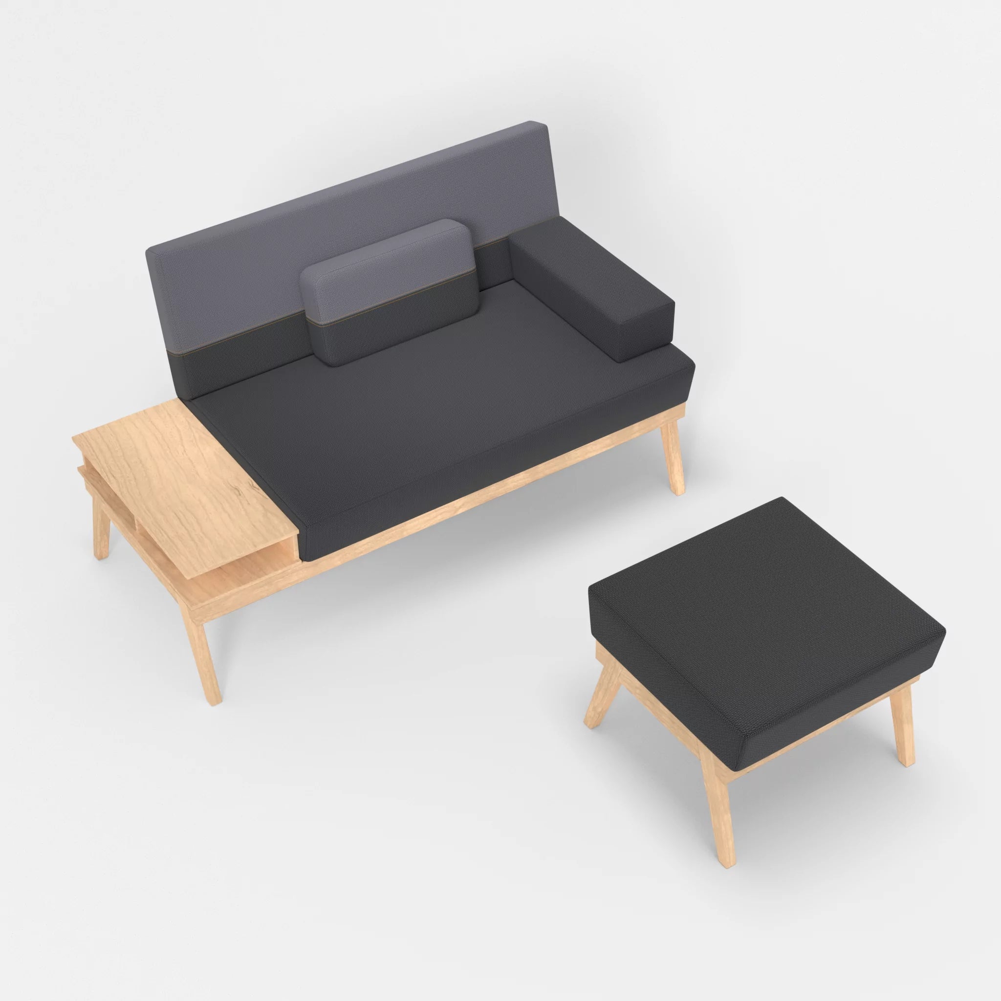 2er Sitzsofa Bauz mit Ablage links und Pouf credoasphalt-credocarbon in Anthrazit und Dunkelgrau von oben