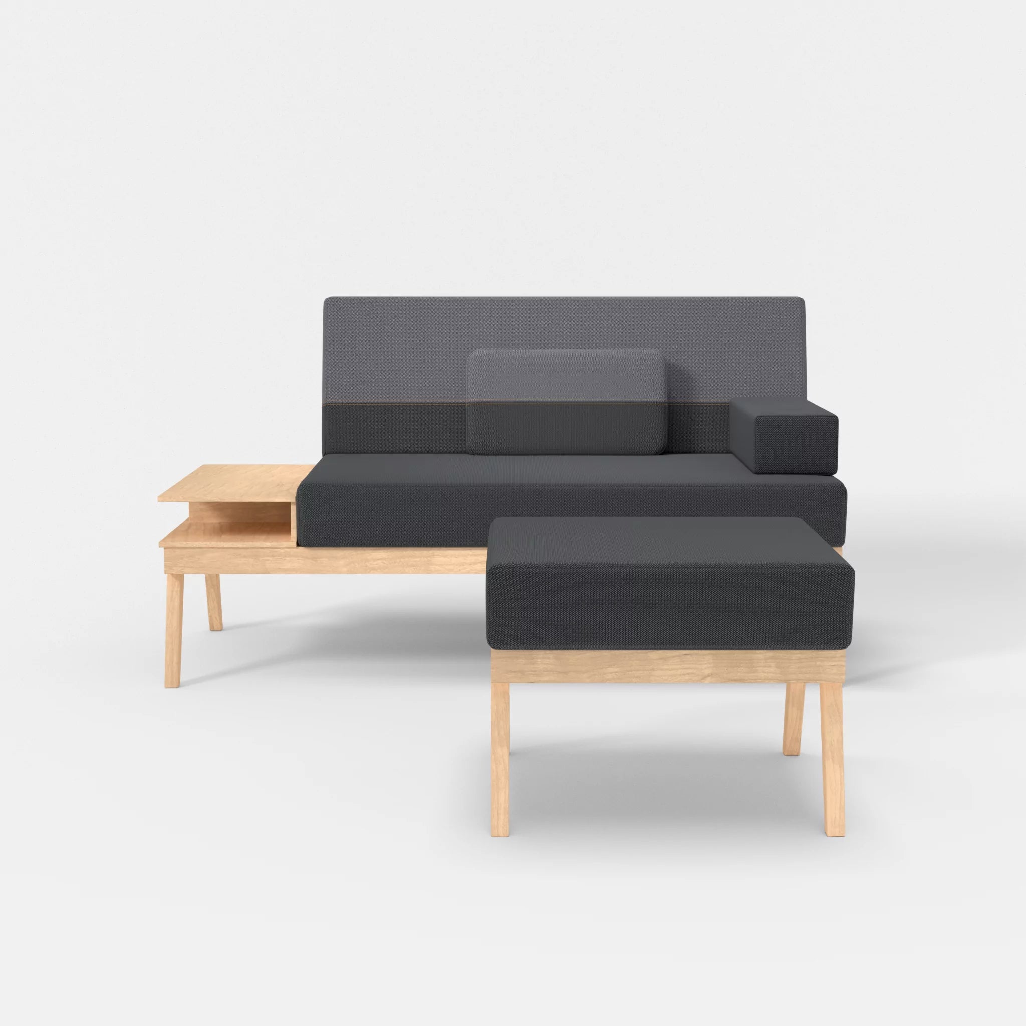 2er Sitzsofa Bauz mit Ablage links und Pouf credoasphalt-credocarbon in Anthrazit und Dunkelgrau von vorne