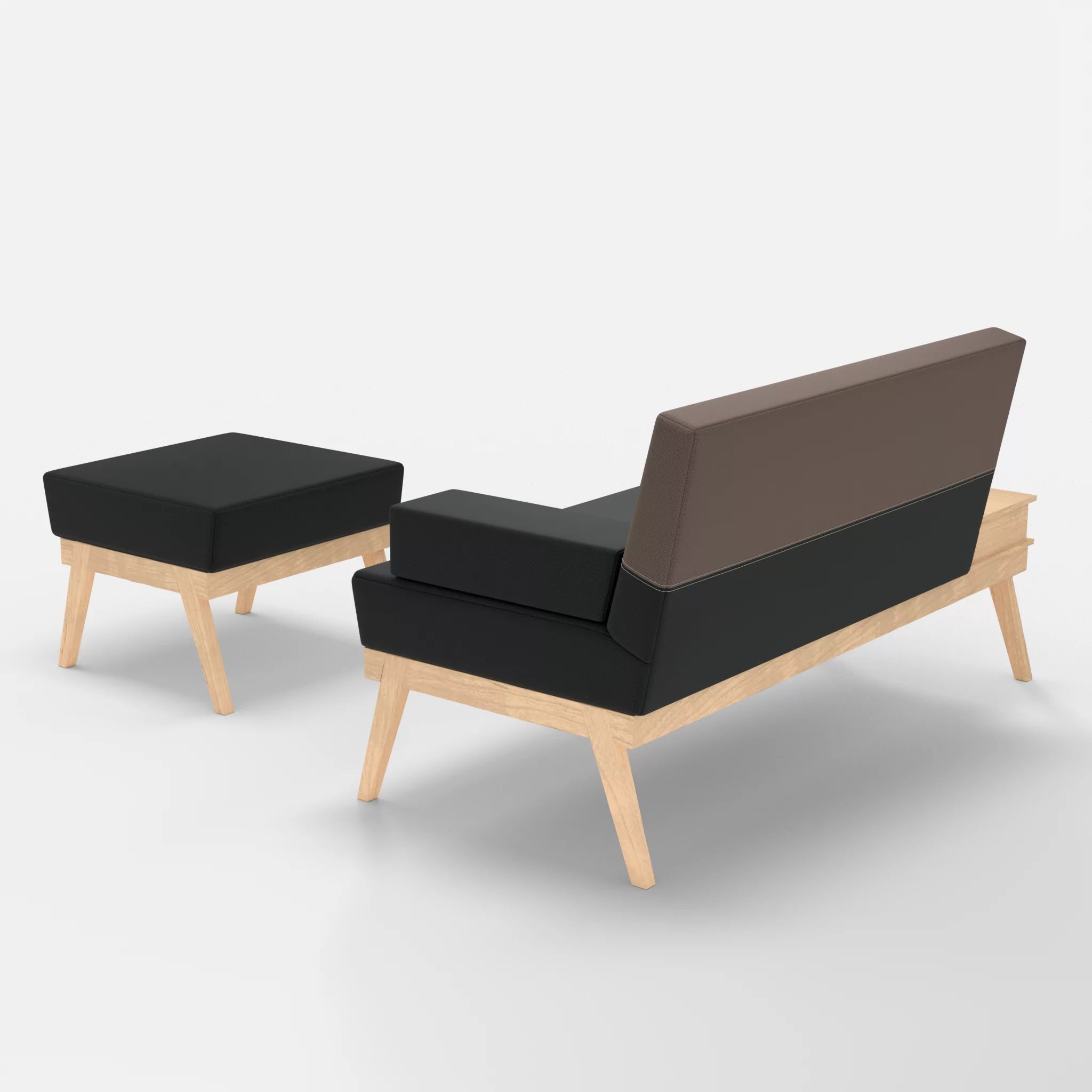 2er Sitzsofa Bauz mit Ablage links und Pouf credoblack-credowalnut in Schwarz und Dunkelgrau von hinten