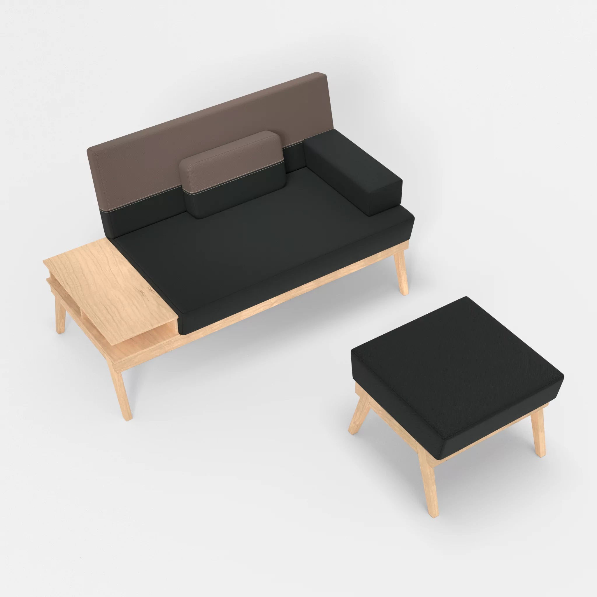 2er Sitzsofa Bauz mit Ablage links und Pouf credoblack-credowalnut in Schwarz und Dunkelgrau von oben