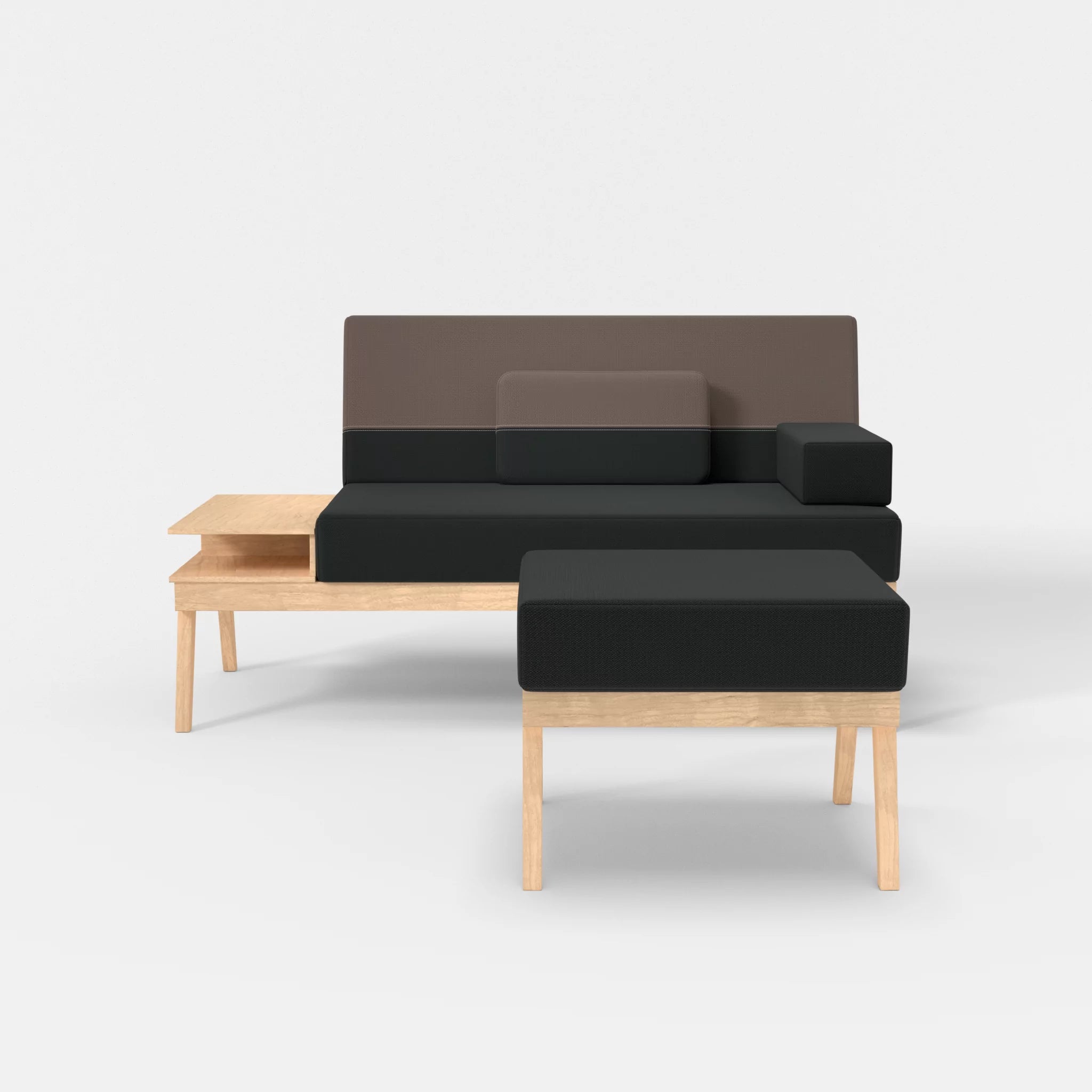 2er Sitzsofa Bauz mit Ablage links und Pouf credoblack-credowalnut in Schwarz und Dunkelgrau von vorne