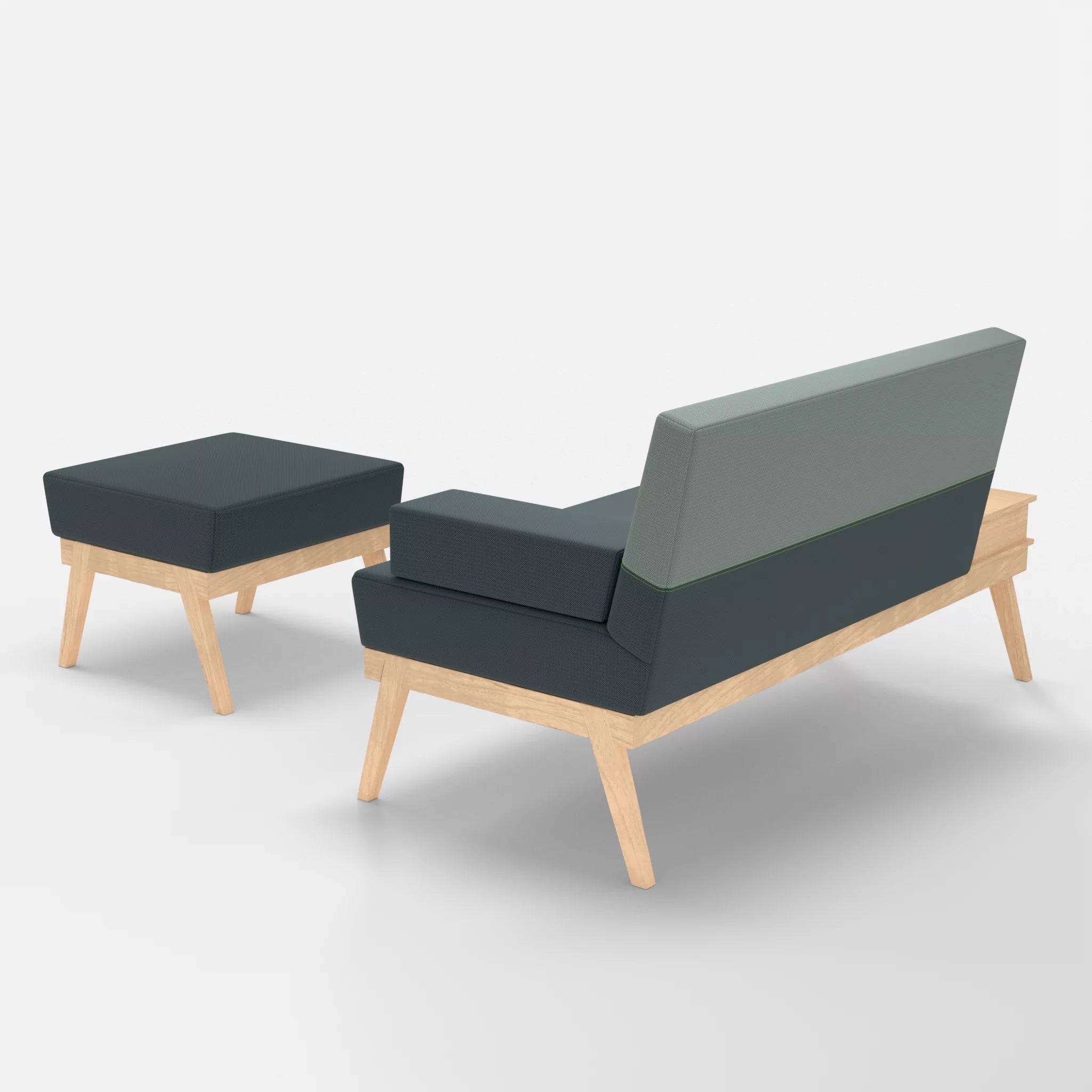 2er Sitzsofa Bauz mit Ablage links und Pouf credojaspis-credolake in Türkis und Graublau von hinten