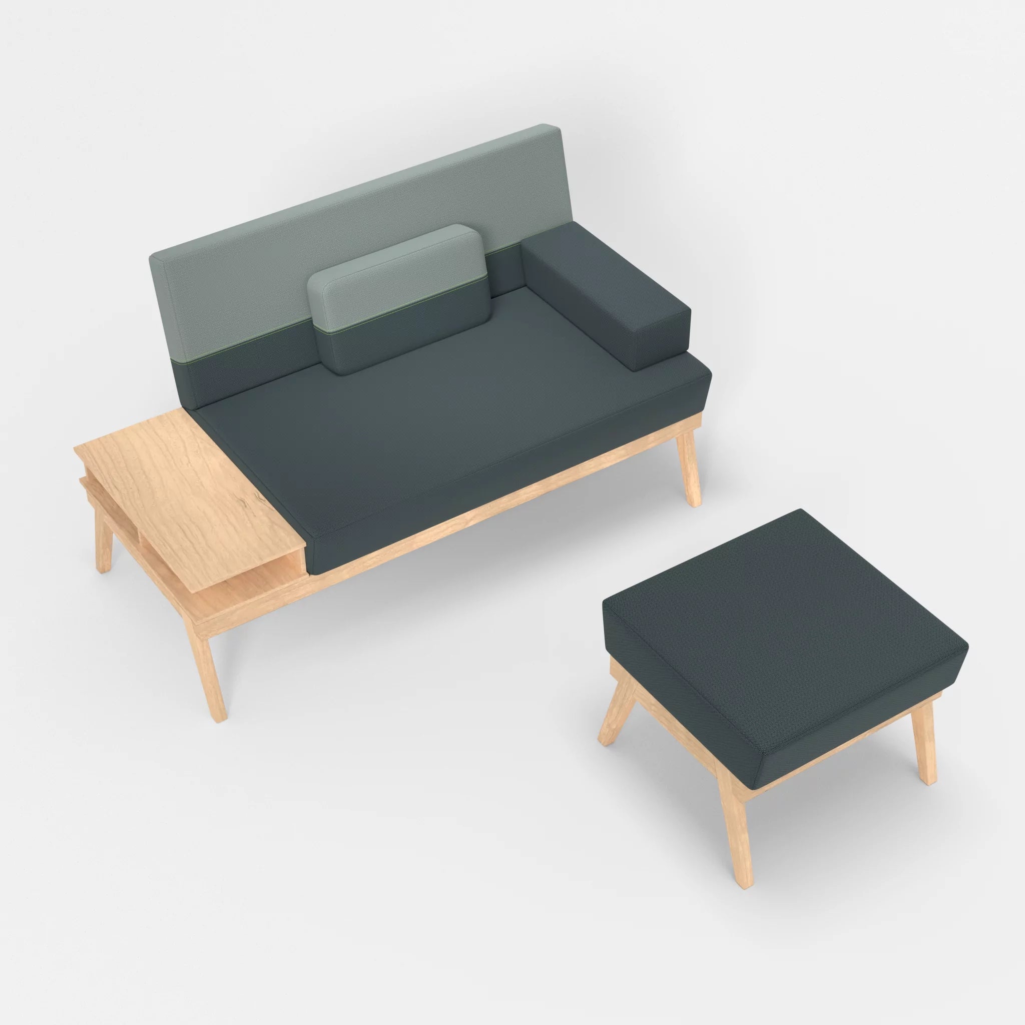 2er Sitzsofa Bauz mit Ablage links und Pouf credojaspis-credolake in Türkis und Graublau von oben