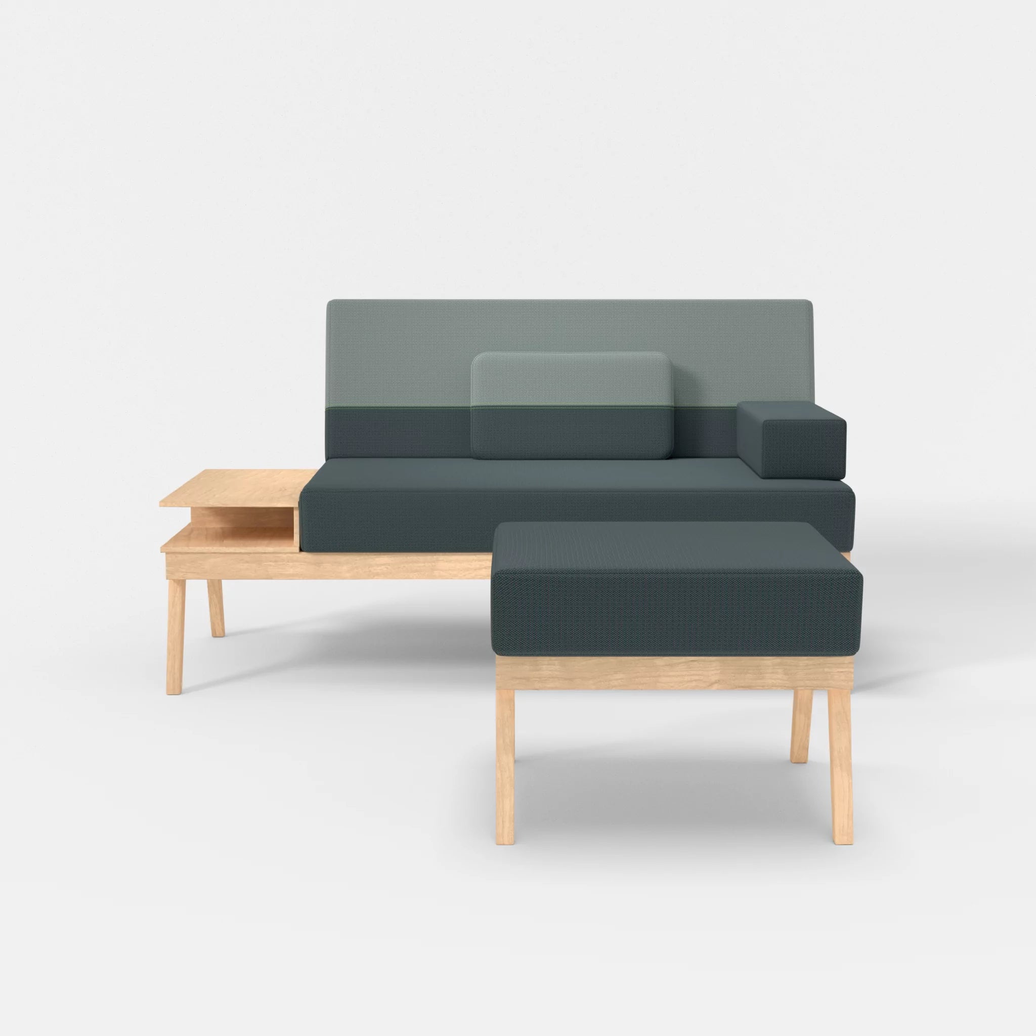 2er Sitzsofa Bauz mit Ablage links und Pouf credojaspis-credolake in Türkis und Graublau von vorne