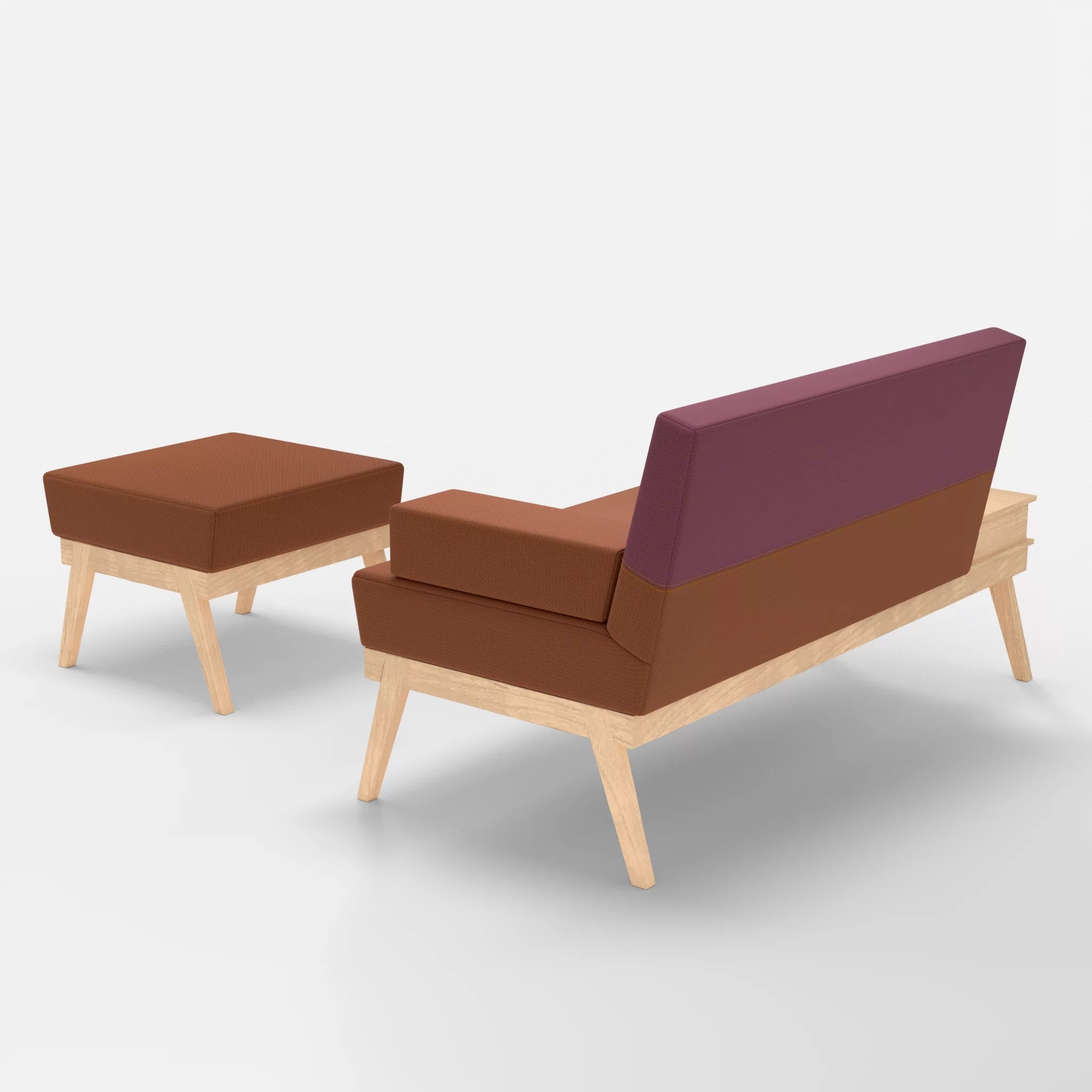 2er Sitzsofa Bauz mit Ablage links und Pouf credokupfer-credobreva in Braun und Violett von hinten