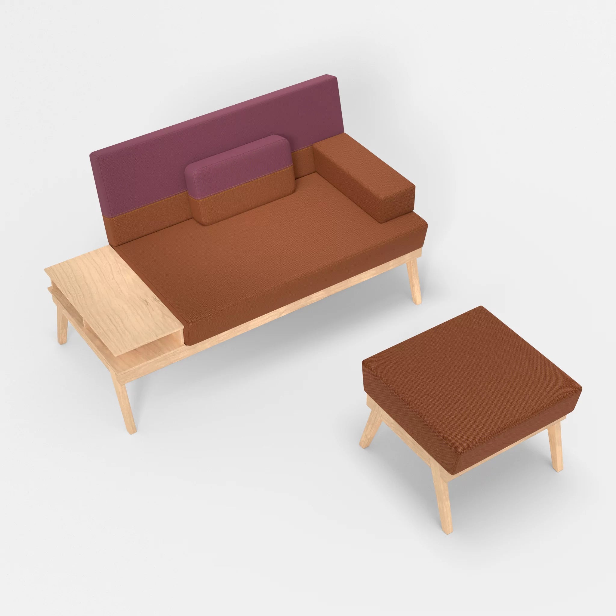2er Sitzsofa Bauz mit Ablage links und Pouf credokupfer-credobreva in Braun und Violett von oben
