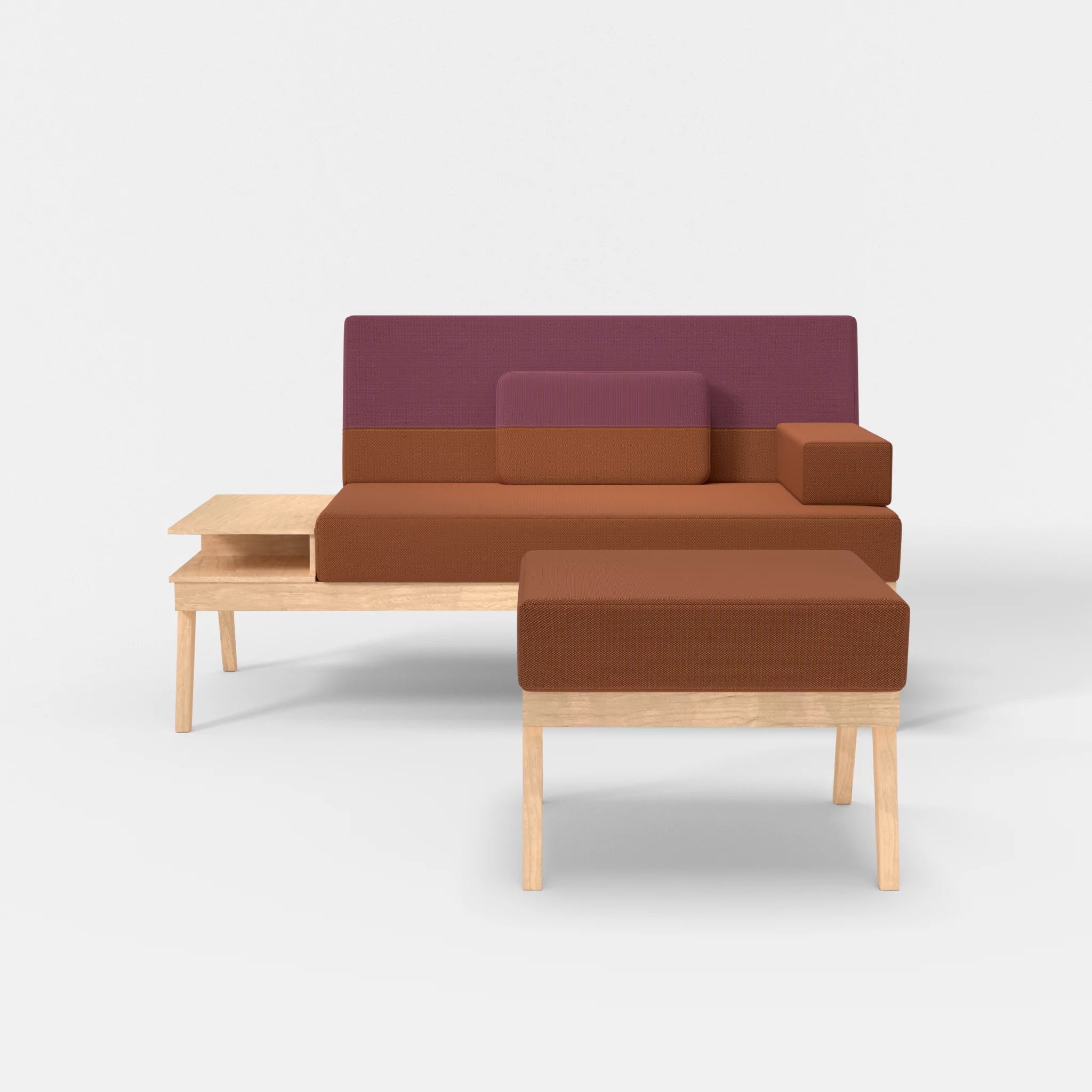 2er Sitzsofa Bauz mit Ablage links und Pouf credokupfer-credobreva in Braun und Violett von vorne