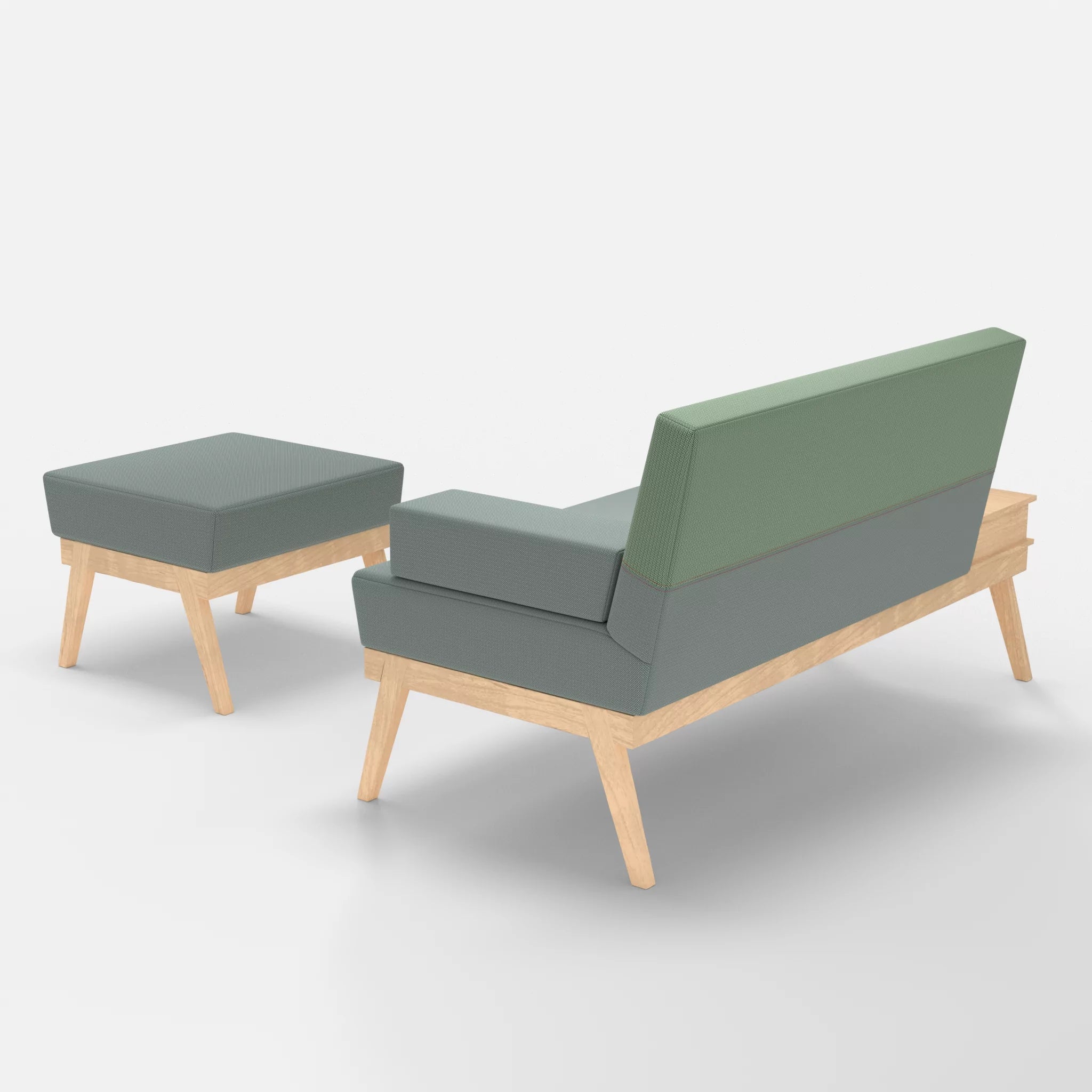 2er Sitzsofa Bauz mit Ablage links und Pouf credolake-credoaloe in Graublau und Hellgrün von hinten