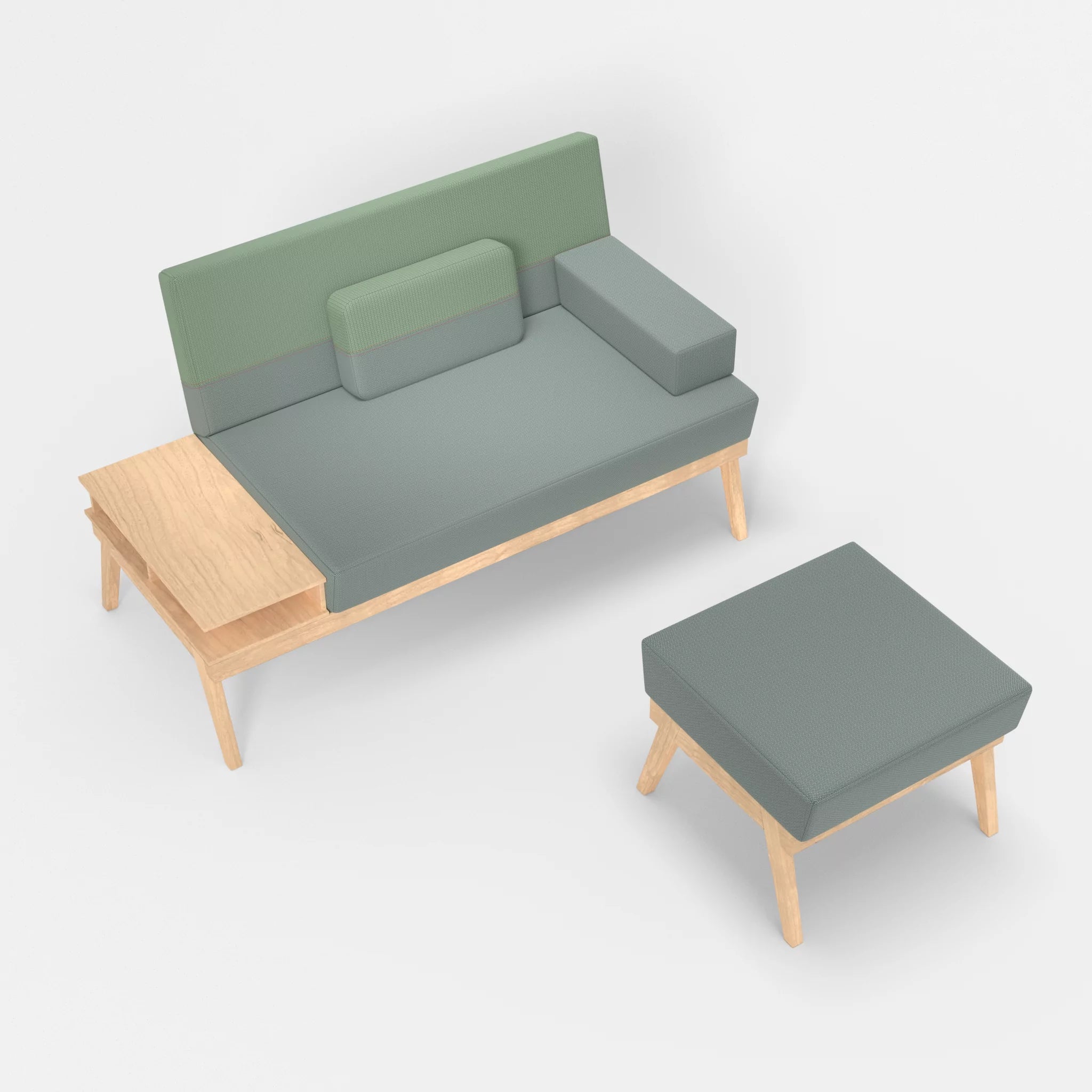 2er Sitzsofa Bauz mit Ablage links und Pouf credolake-credoaloe in Graublau und Hellgrün von oben