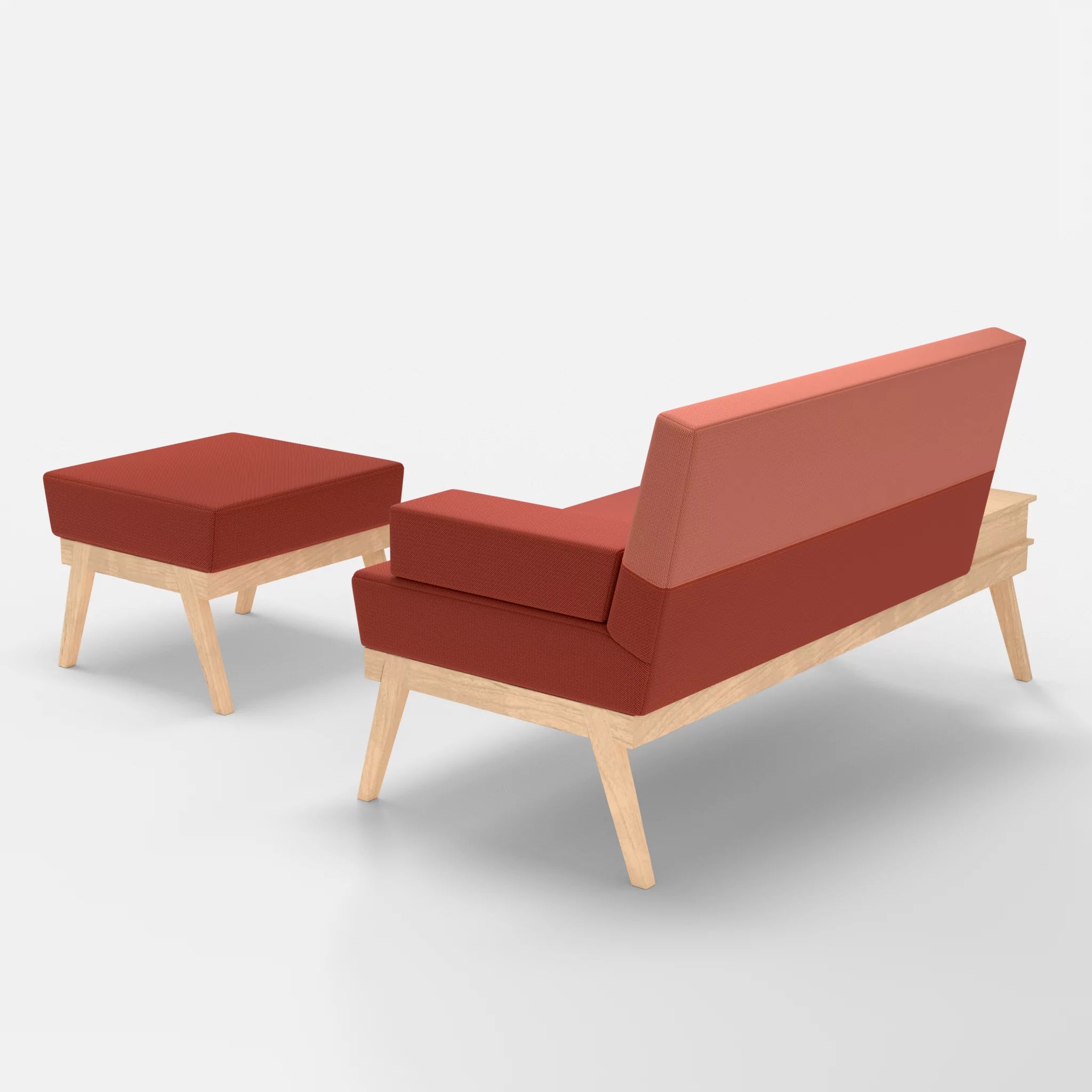 2er Sitzsofa Bauz mit Ablage links und Pouf credolampion-credograpefruit in Rot und Coral von hinten