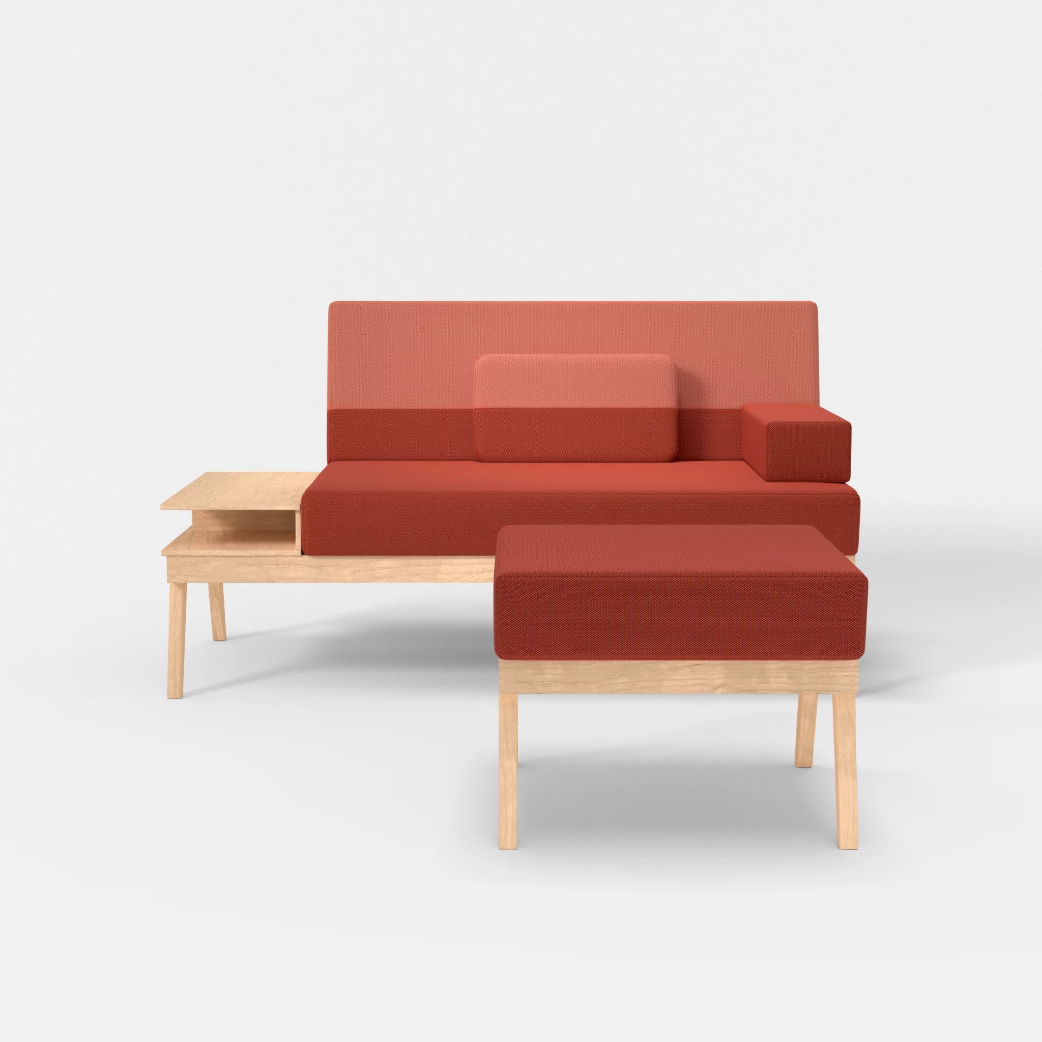 2er Sitzsofa Bauz mit Ablage links und Pouf credolampion-credograpefruit in Rot und Coral von vorne