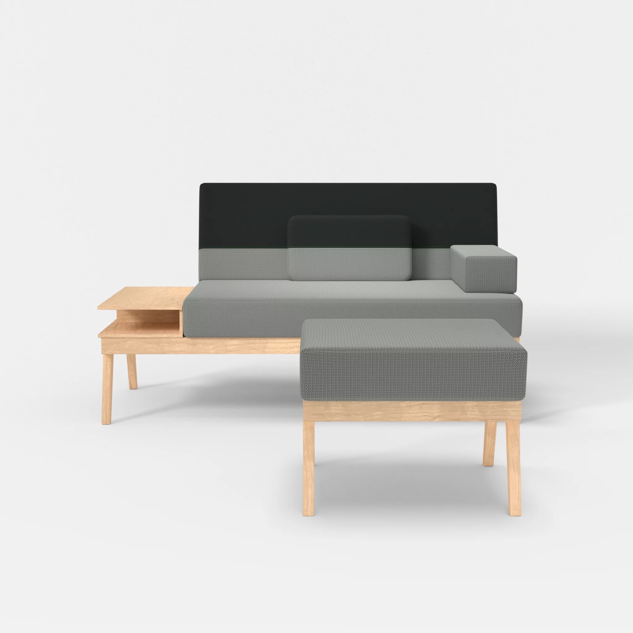 2er Sitzsofa Bauz mit Ablage links und Pouf credopepper-credoblack in Dunkelgrau und Schwarz von vorne