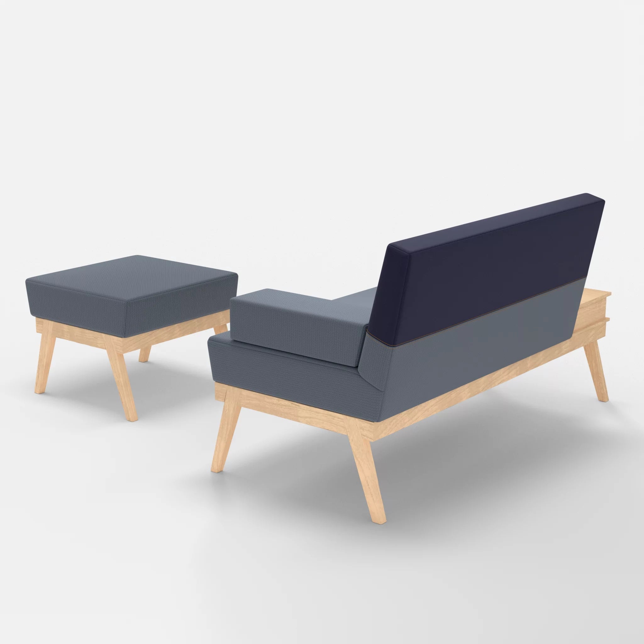2er Sitzsofa Bauz mit Ablage links und Pouf credosea-credonavy in Blau und Navy von hinten