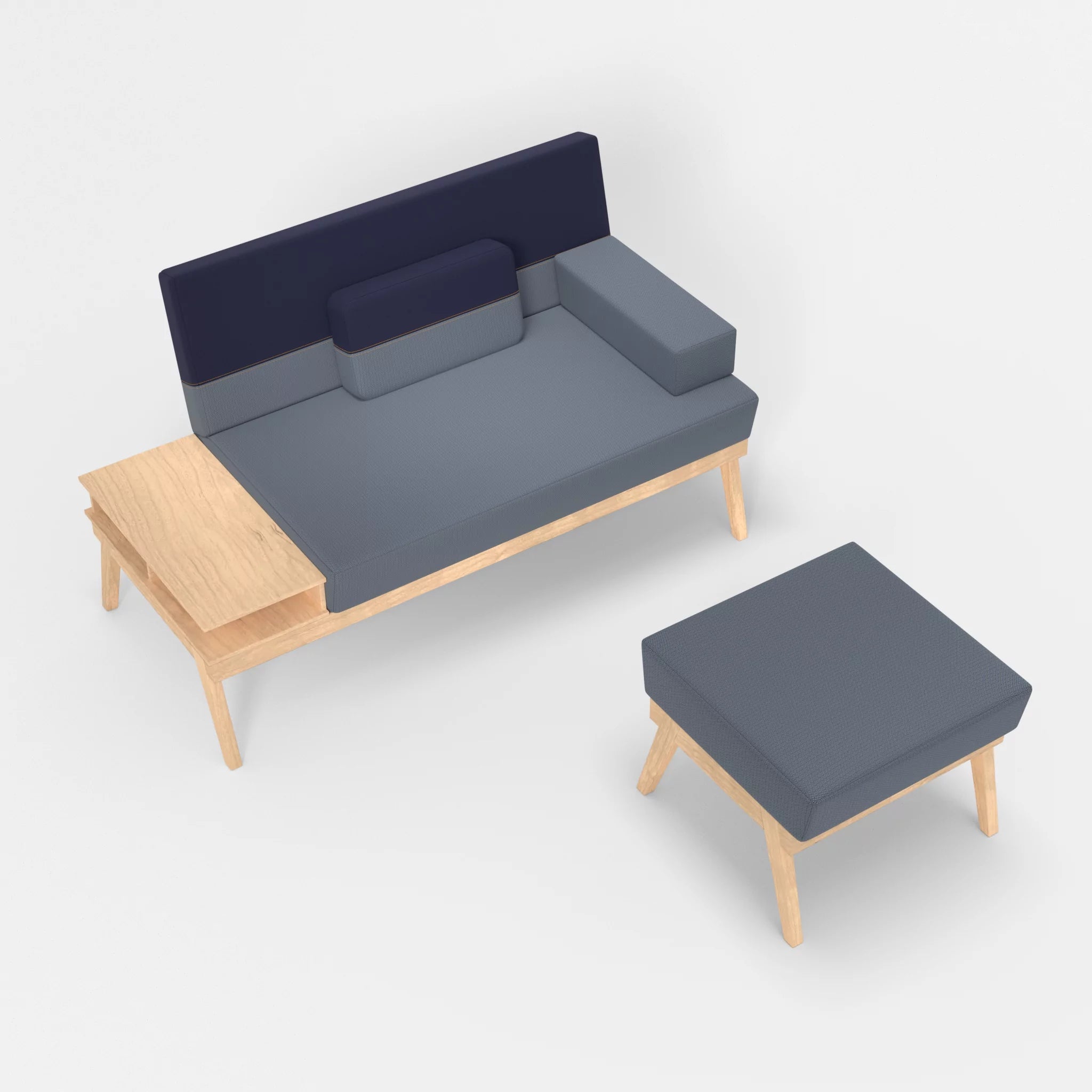 2er Sitzsofa Bauz mit Ablage links und Pouf credosea-credonavy in Blau und Navy von oben