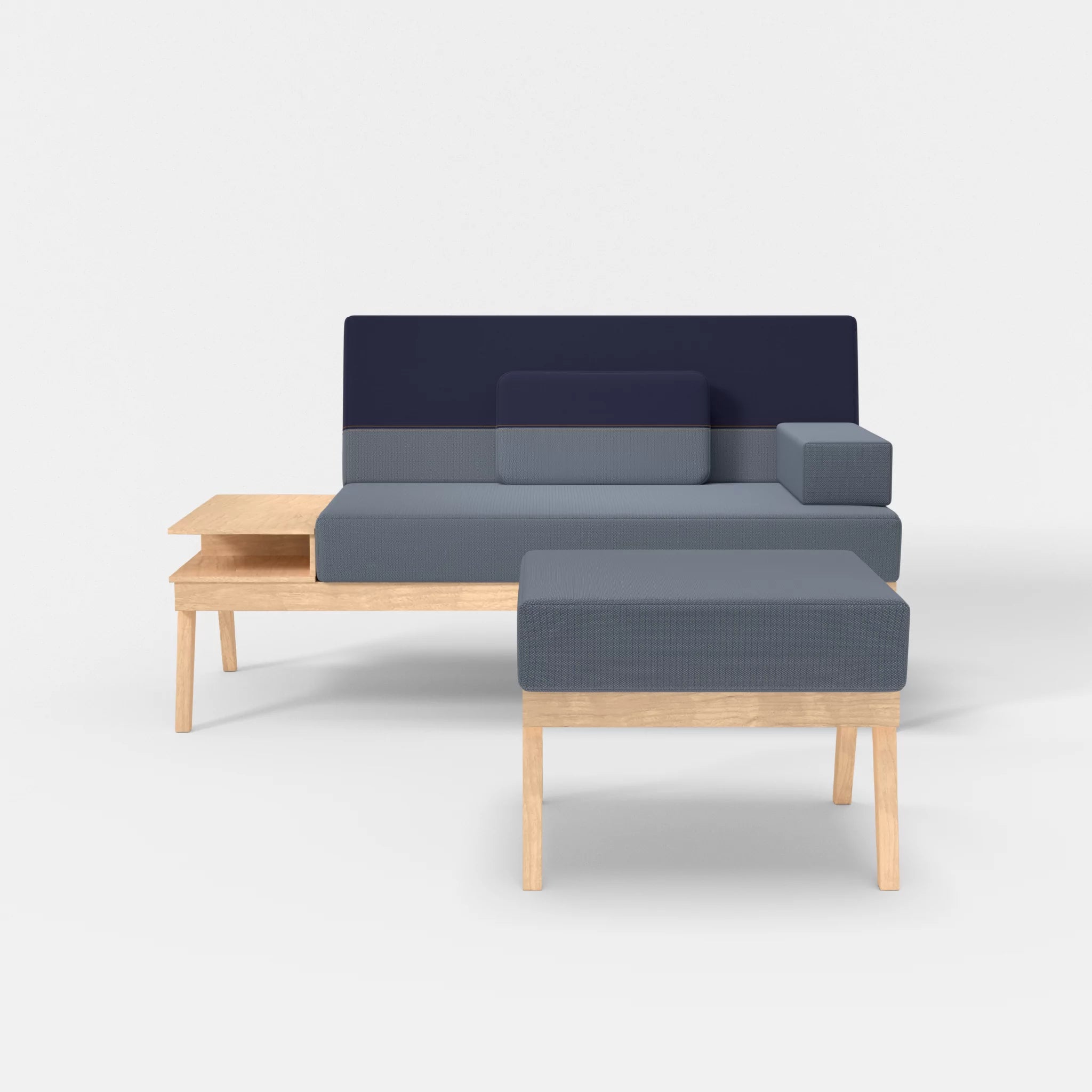 2er Sitzsofa Bauz mit Ablage links und Pouf credosea-credonavy in Blau und Navy von vorne